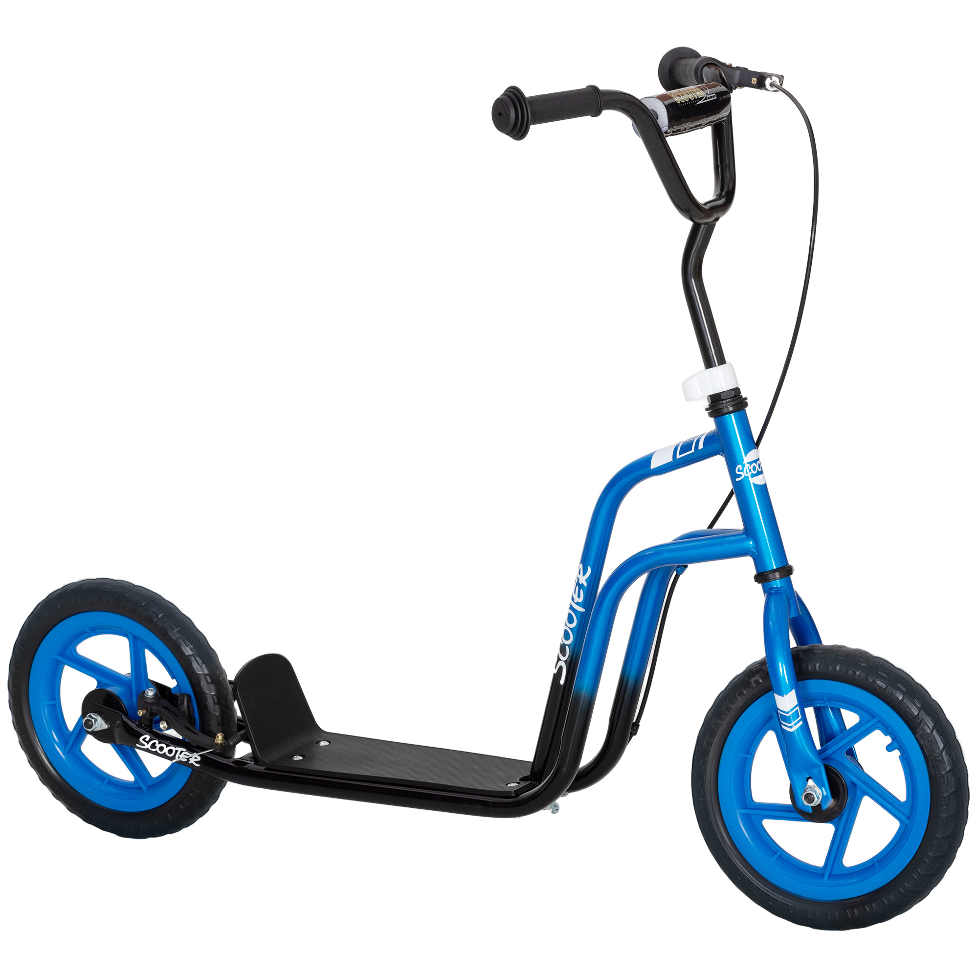 Kinderroller mit verstellbarem Lenker, große Räder, Parkständer, Handbremse, für Kinder im Alter von 5-12 Jahren, Blau