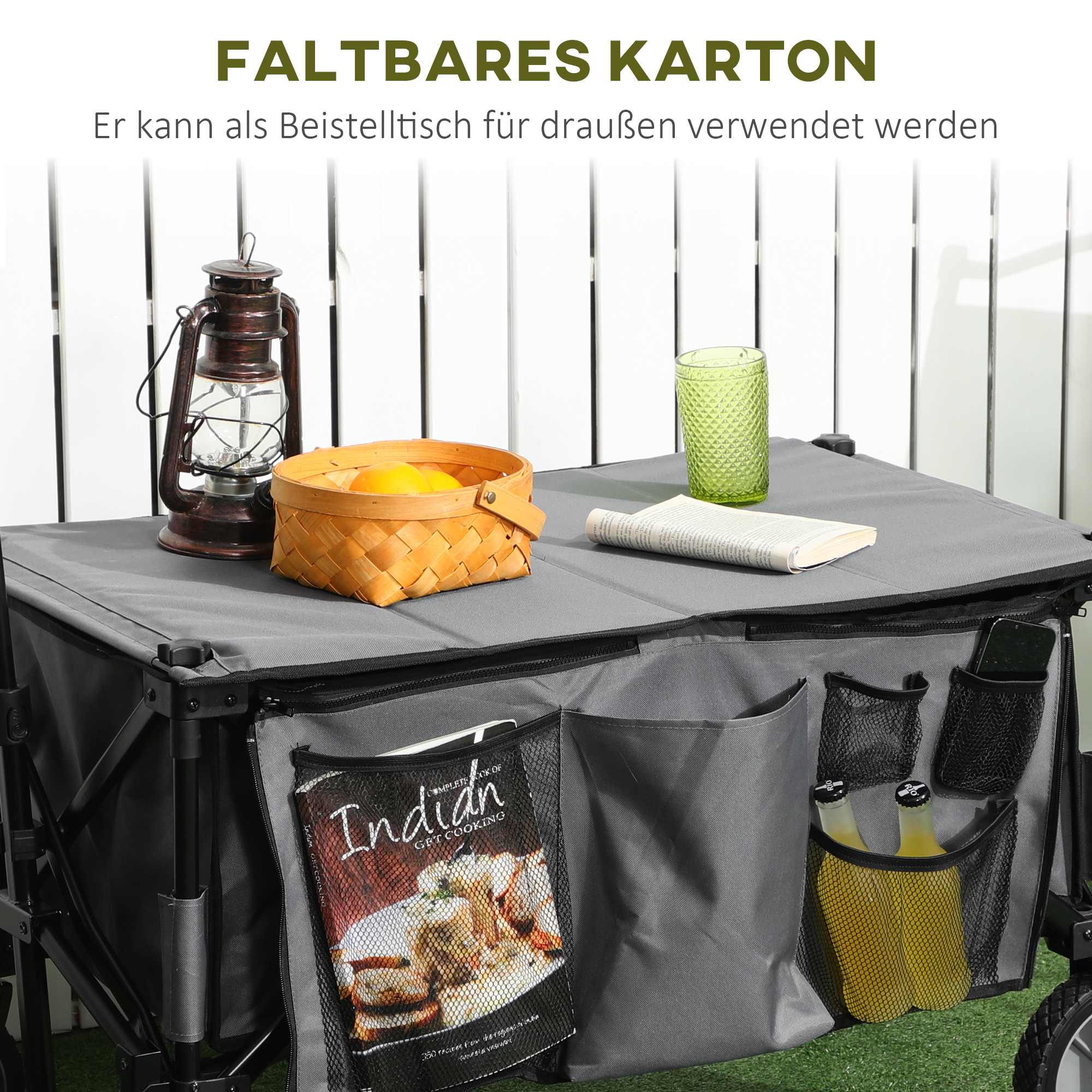 Bollerwagen, klappbar, 5 Seitentaschen, verstellbarer Griff, bis 120 kg, Stahl, dunkelgrau, 100 x 55 x 93 cm