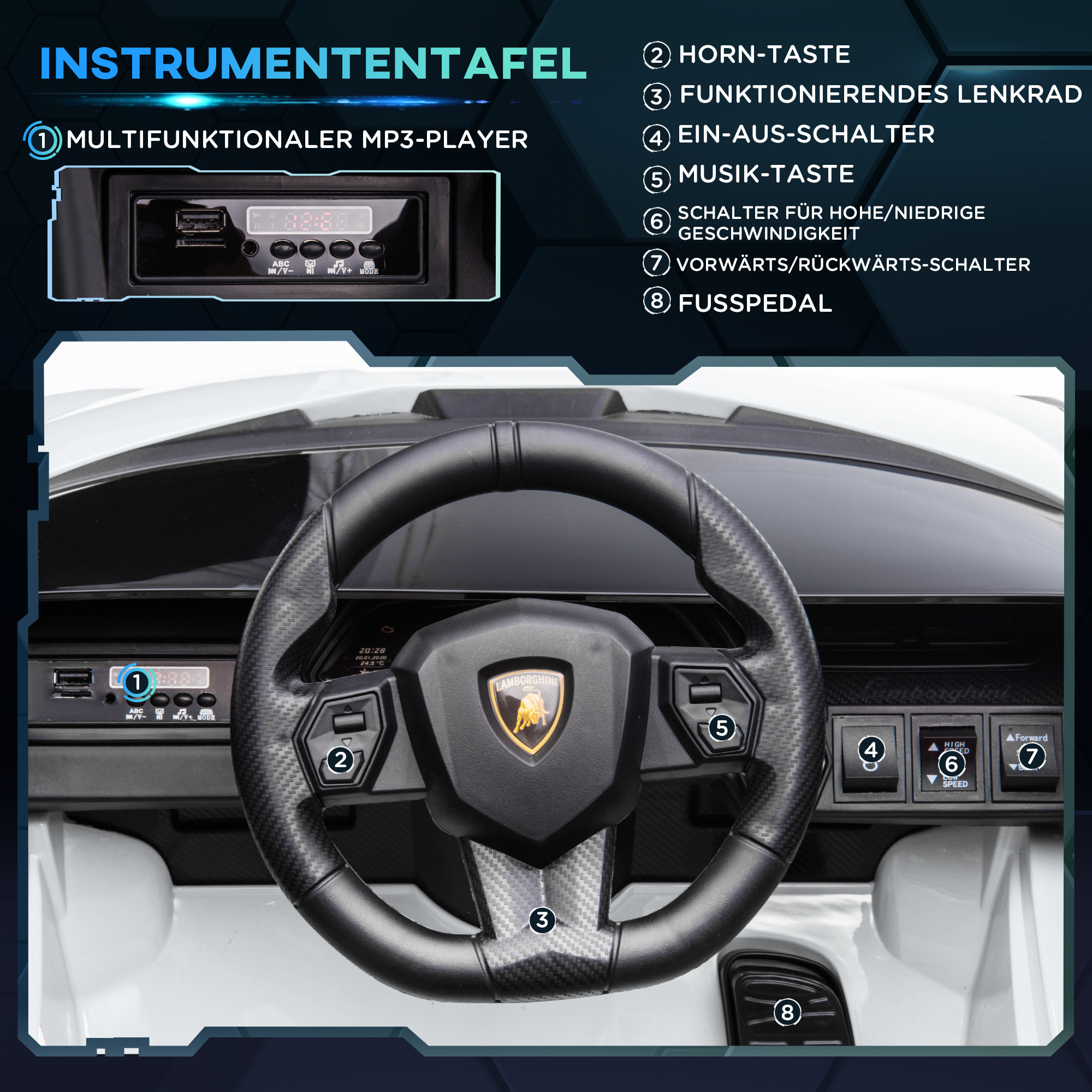 Kinderfahrzeug 12V 2 Fahrmodi Lamborghini SIAN SUV-Auto-Spielzeug Elektroauto mit Fernbedienung Musik(MP3/USB) Licht 37-60 Monate Metall Weiß 108 x 62 x 40 cm