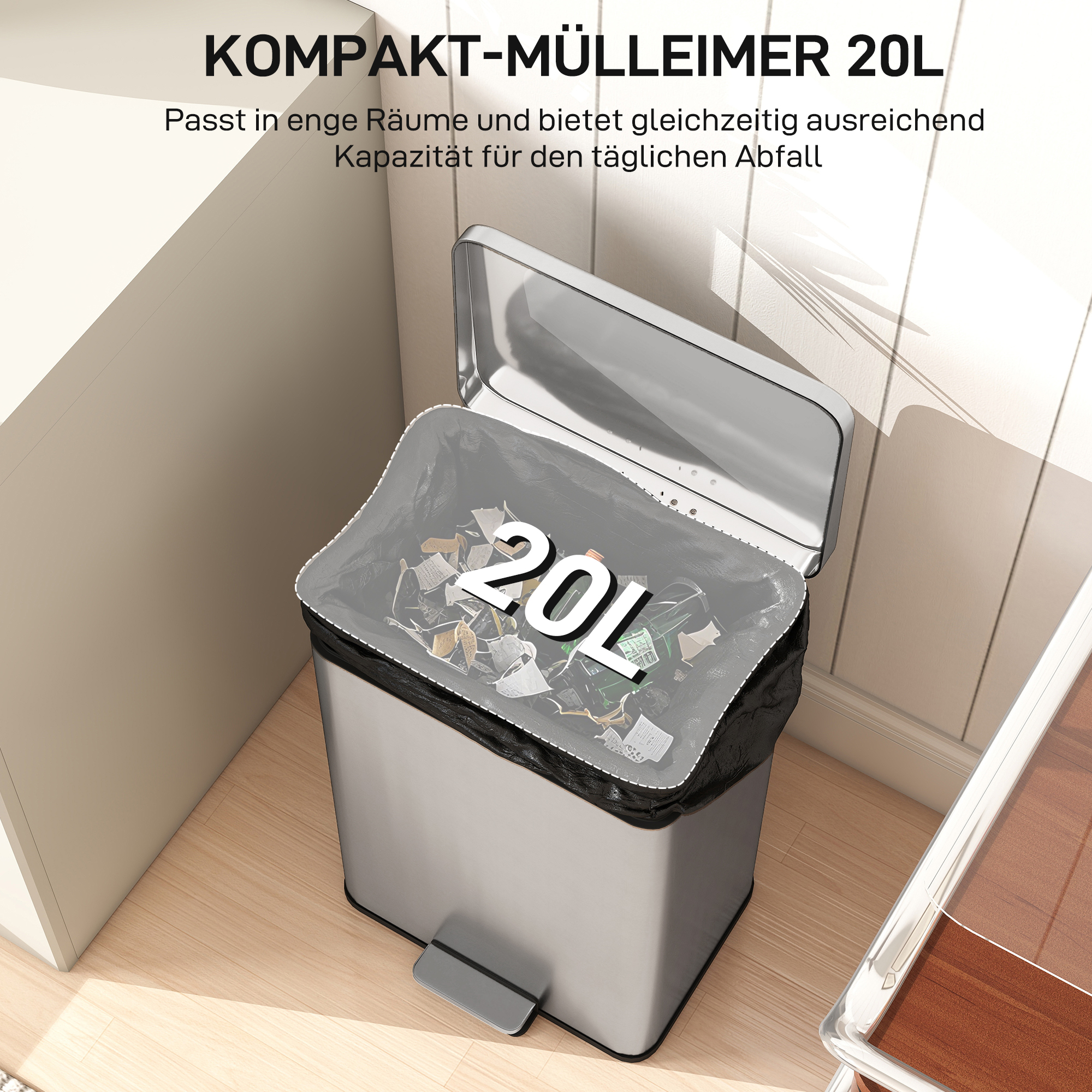 Mülleimer 20 L Treteimer mit Softclose-Deckel, Pedal, abnehmbar Inneneimer Silber, 34,2 x 30,6 x 44,2 cm