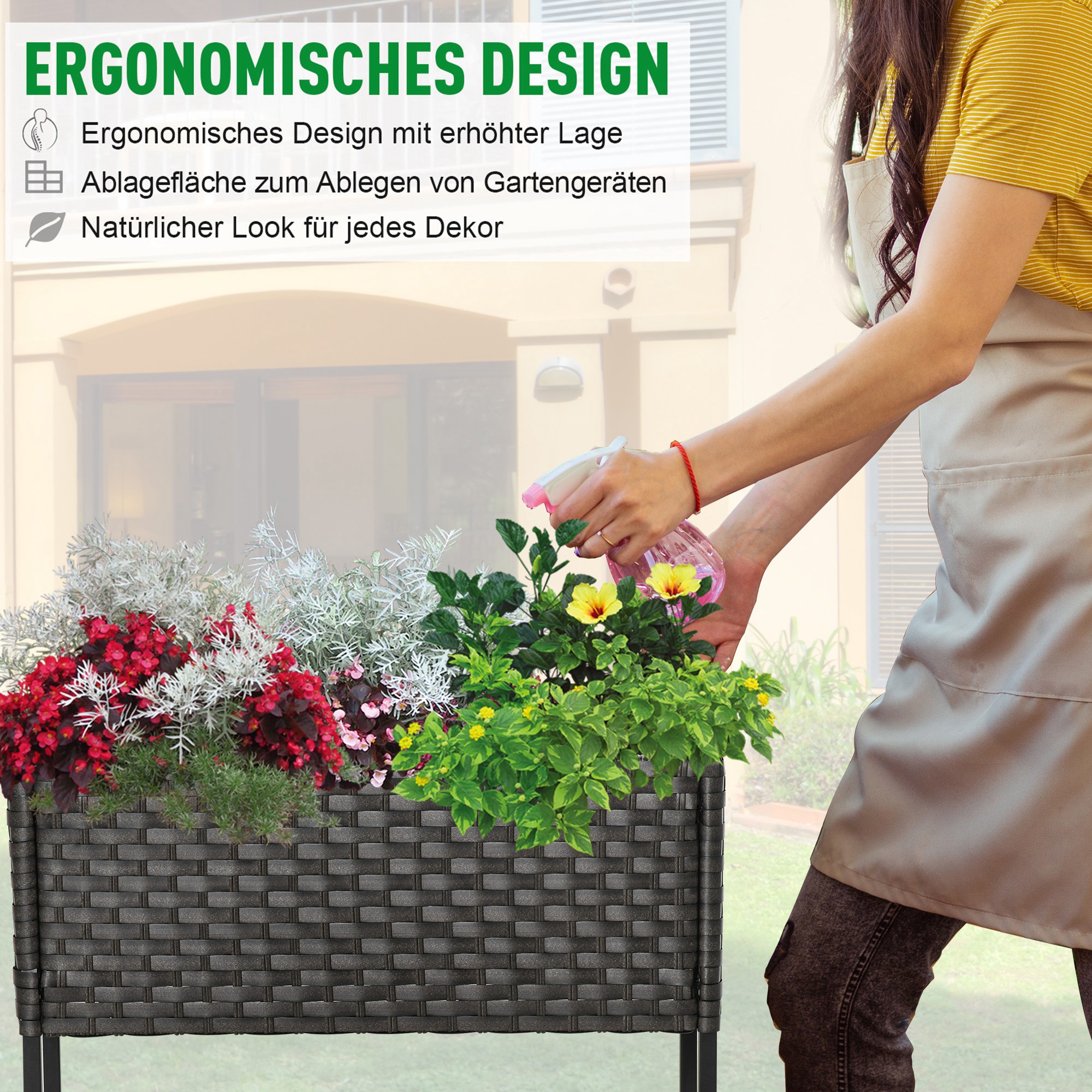 Hochbeet, Blumenkasten, tiefe Ablage, Metallrahmen/Polyrattan, 70 x 30 x 70 cm, Dunkelbraun