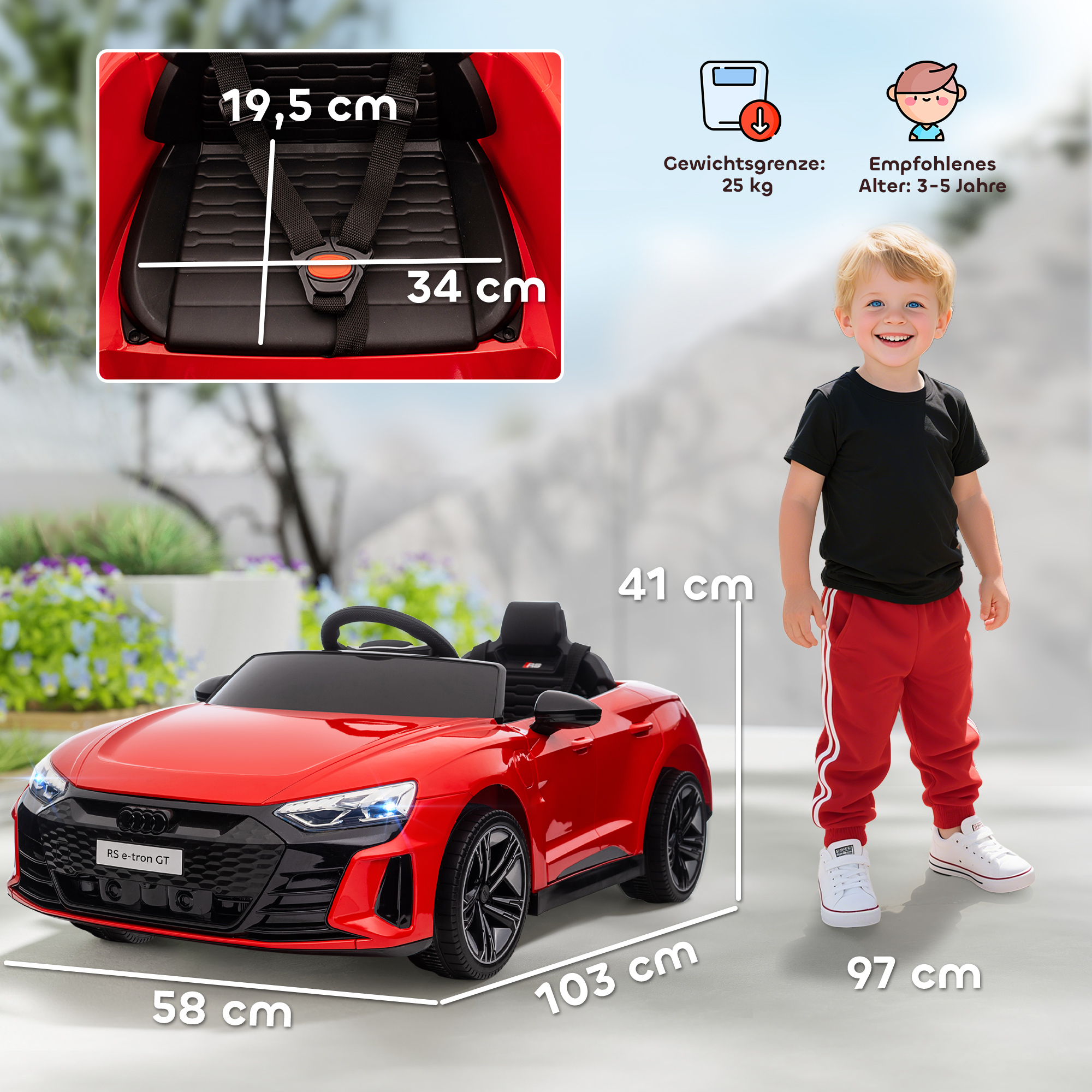 Kinderauto, Elektroauto, Audi-lizenziert, mit Sicherheitsgurt, Fernbedienung, Licht, rot+schwarz, 103 x 58 x 41cm