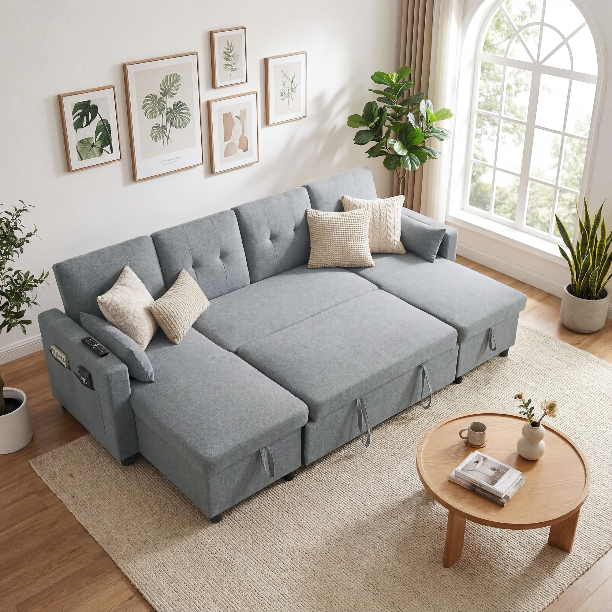 Ecksofa mit Schlaffunktion und Bettkasten U-Form 4-Sitzer Sofa mit Chaiselongue, verstellbarer Rückenlehne, Leinenoptik