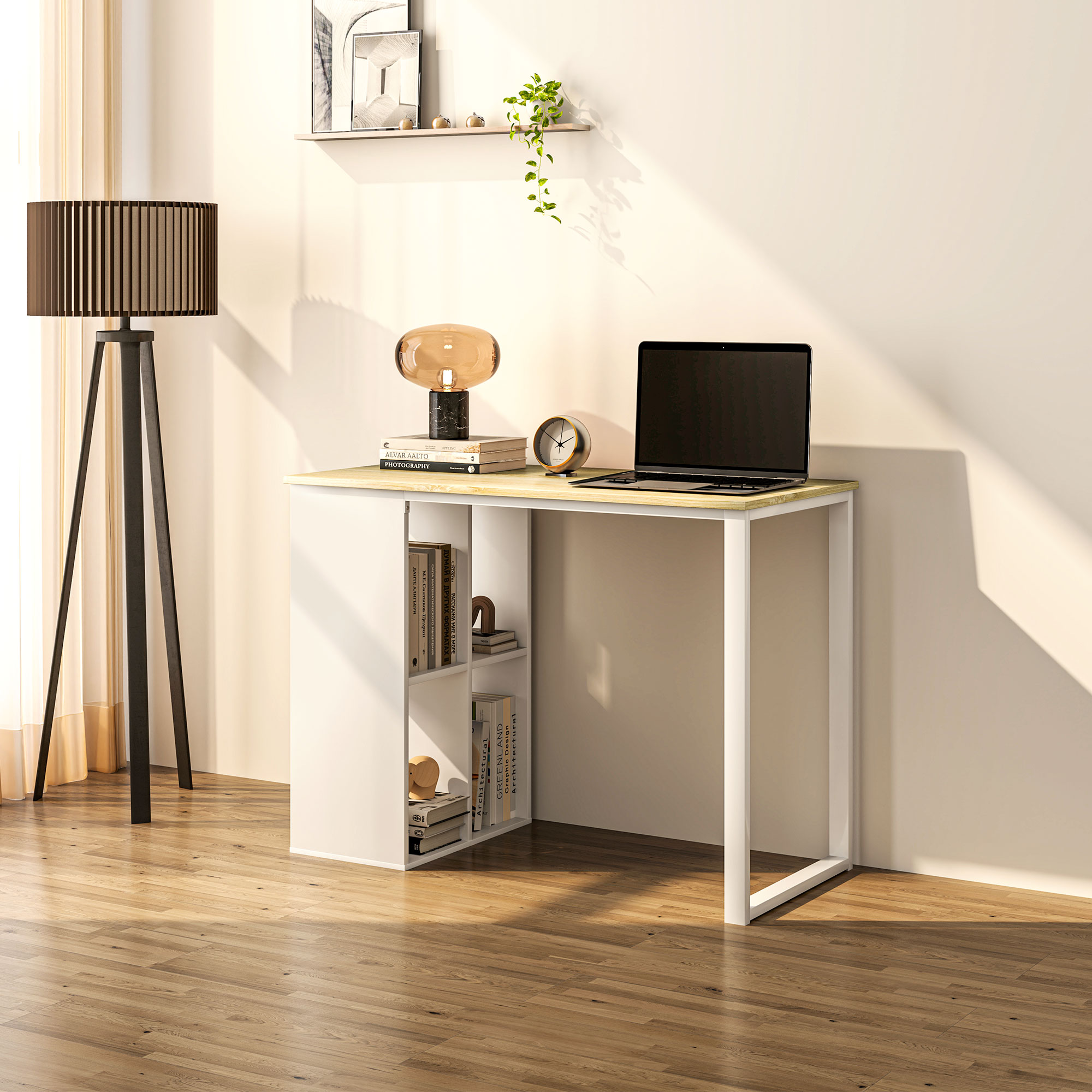 Kompakter Computertisch, Moderner Schreibtisch mit Stauraum-Fächern, für kleine Räume, 100 x 54 x 75 cm, Weiß