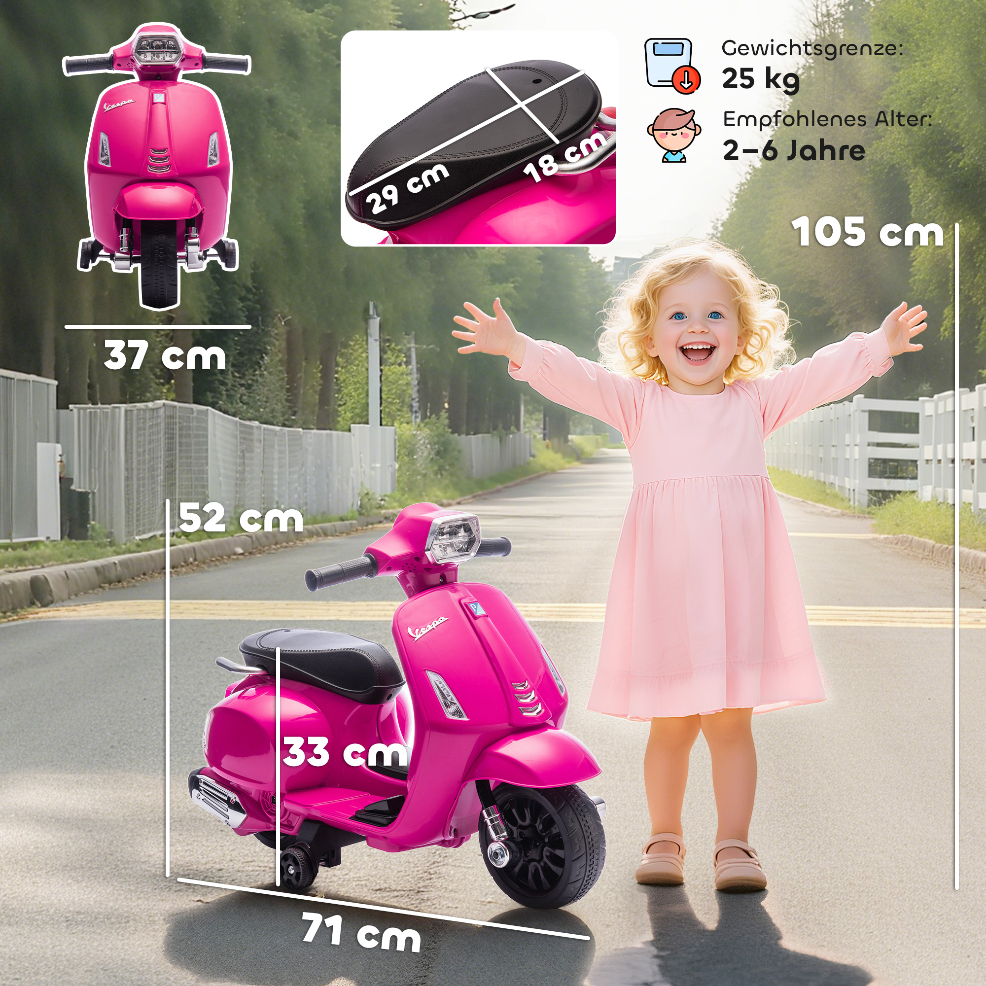 Elektro-Motorrad Kinder Vespa 6V Elektromotorrad mit Stützrädern, Scheinwerfer, Hupe für 2-6 Jahre 71 x 37 x 52 cm Rosa