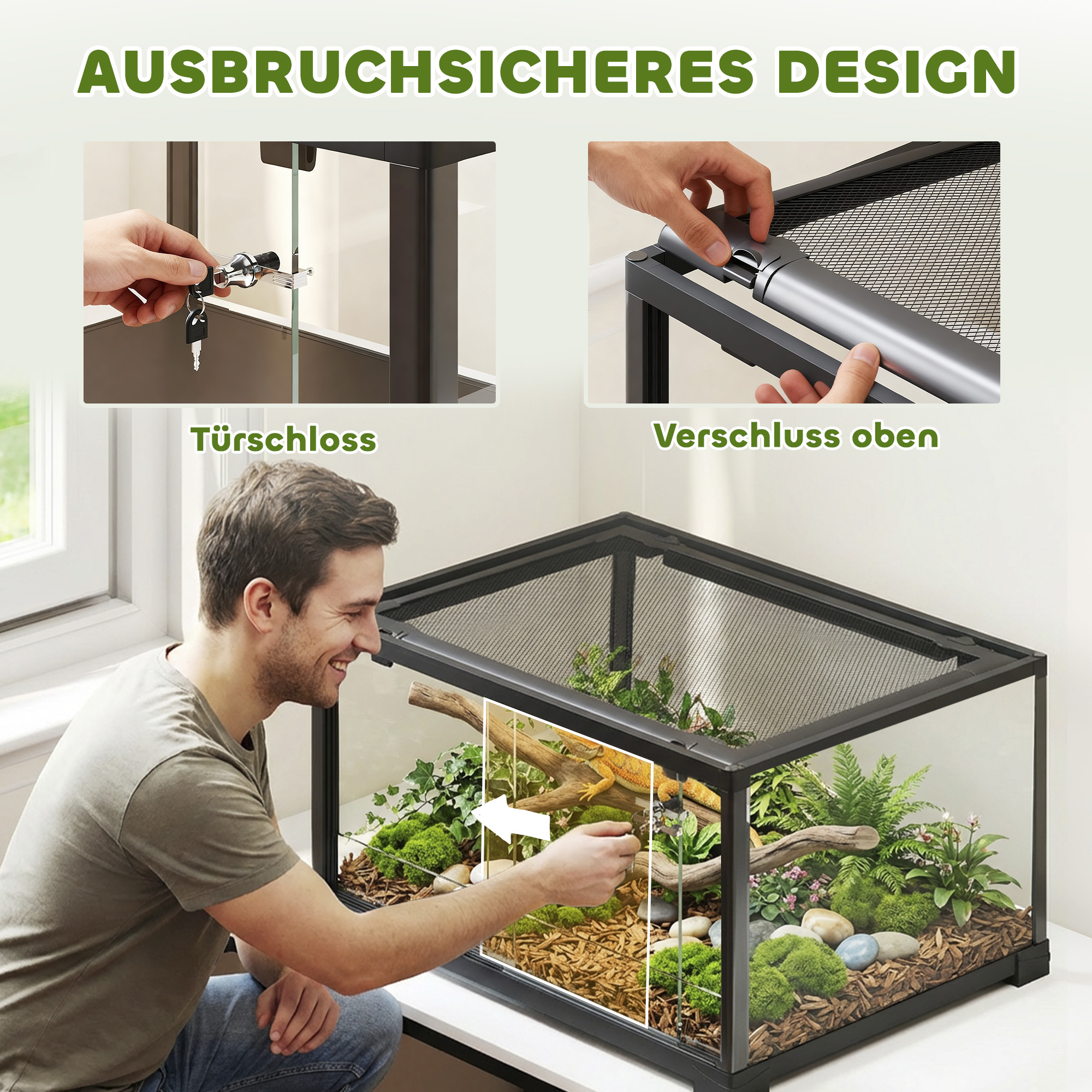 Reptilien-Terrarium, 86 Liter Vivarium mit Schiebetür, verschließbar, für Echsen, Insekten, Spinnen, Geckos, 60 x 45 x 32 cm, Schwarz