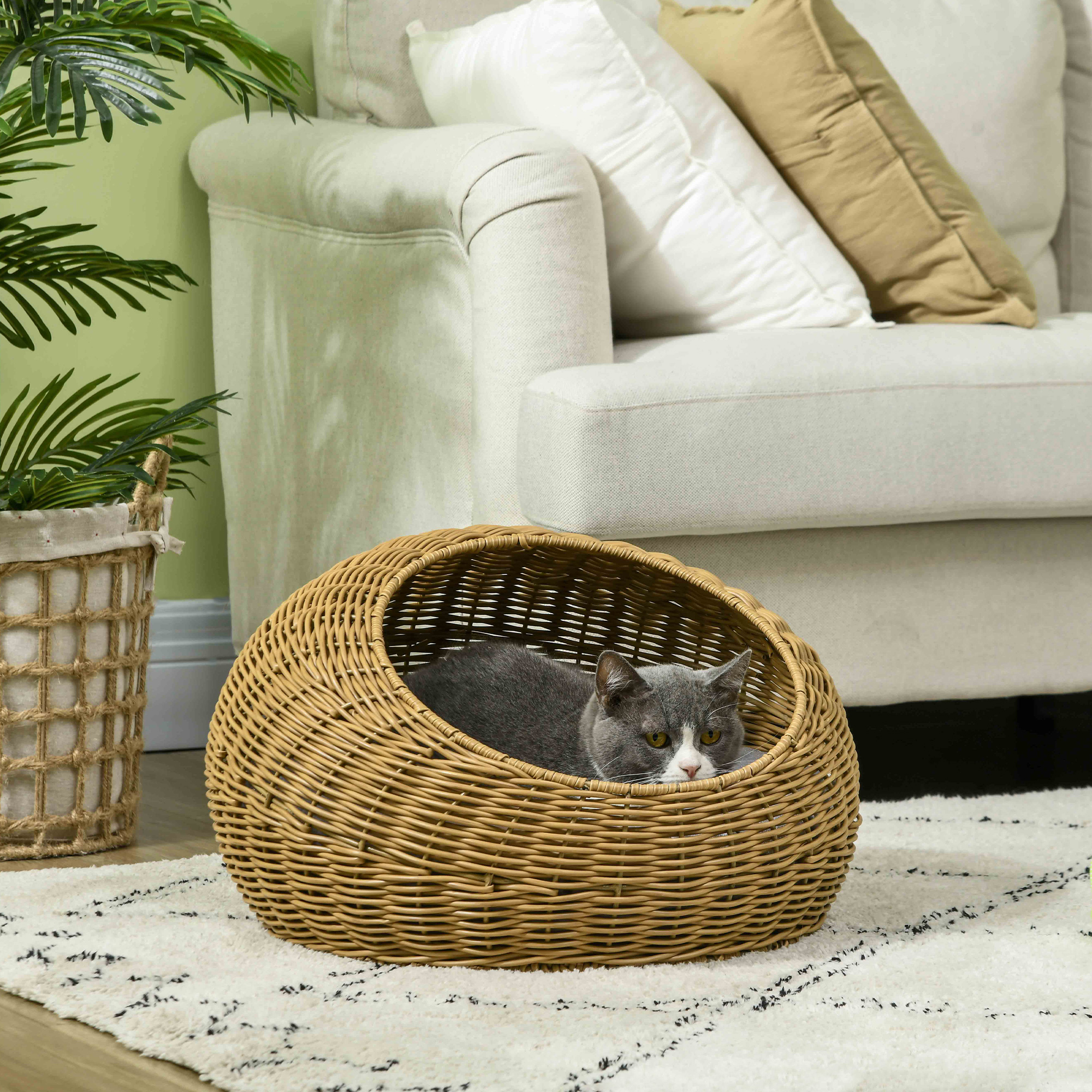 Katzenhöhle mit waschbarem Kissen, für Tiere bis 4 kg, Indoor, Kunst-Rattan, Ø50 x 31 cm, Hellbraun