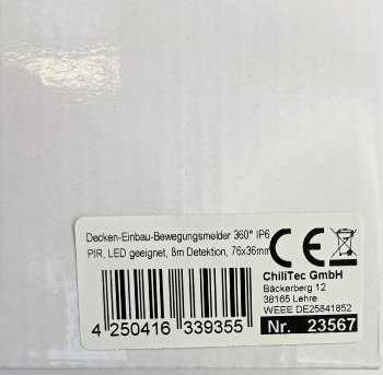 Decken-Einbau-Bewegungsmelder 360° IP65 / PIR, LED geeignet, 8m Detektion, 76x36mm