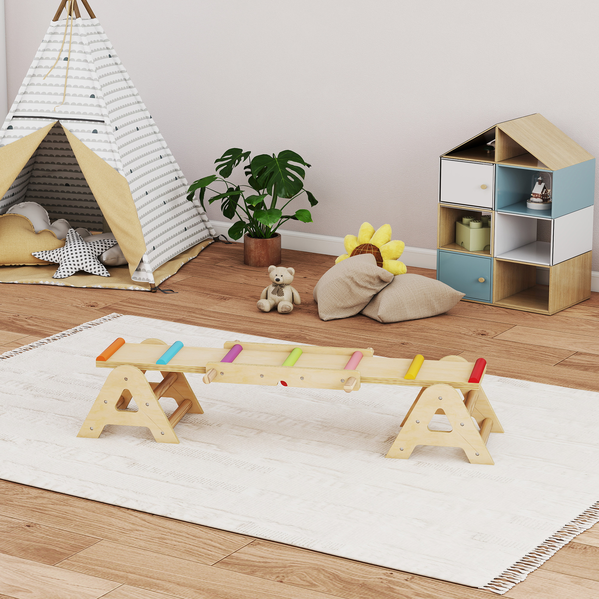 2 In 1 Balance Wippe Kinder, Schwebebalken aus Holz, Wippe Schaukelwippe Garten, Balance Board 133 x 38 x 24 cm