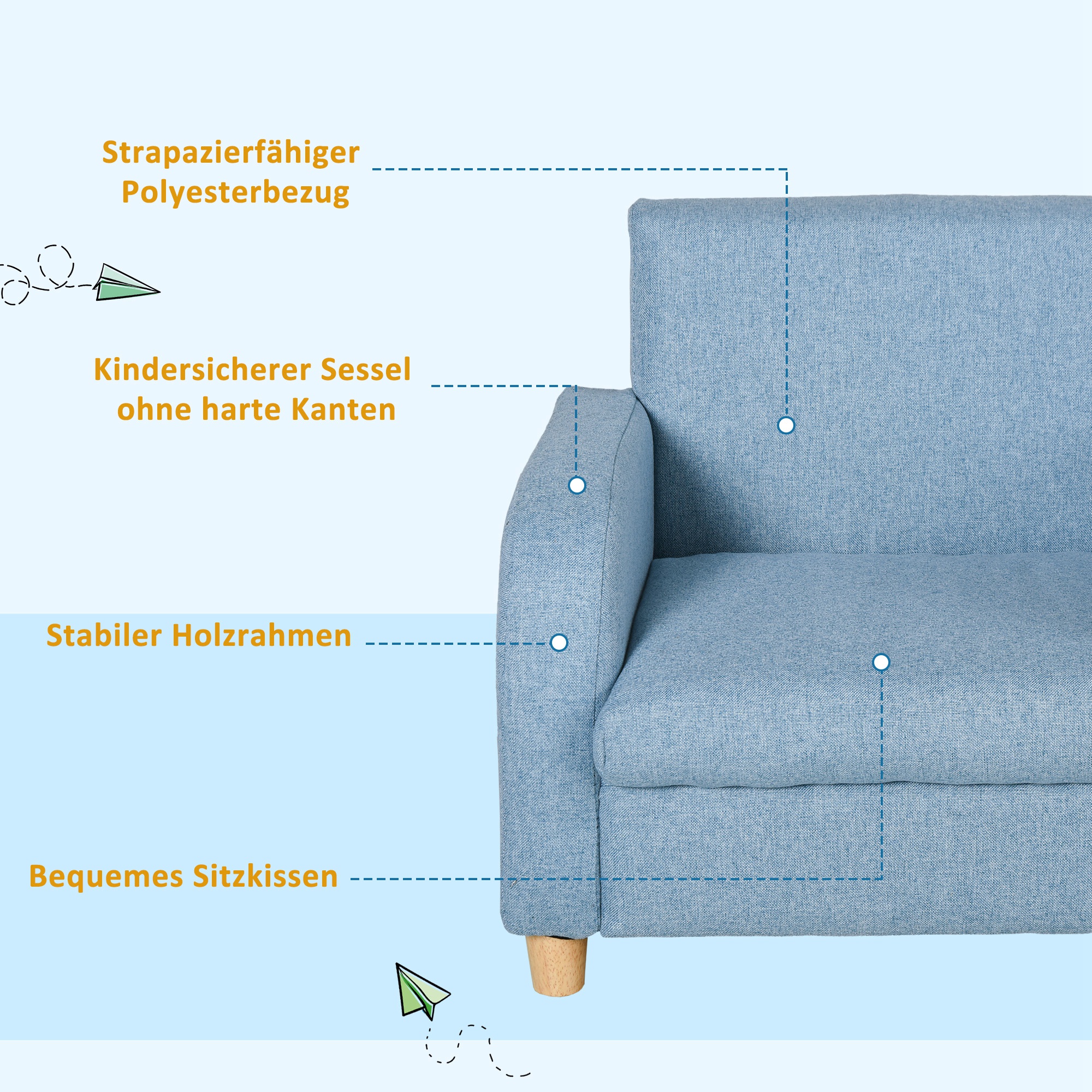 Kindersessel Kindersofa mit Leinen-Optik, massiven Holzfüßen Sessel aus Schaumstoff Kinderstuhl für Kinderzimmer, Spielzimmer, 49 x 45 x 44 cm, für Kinder 3-5 Jahre Blau