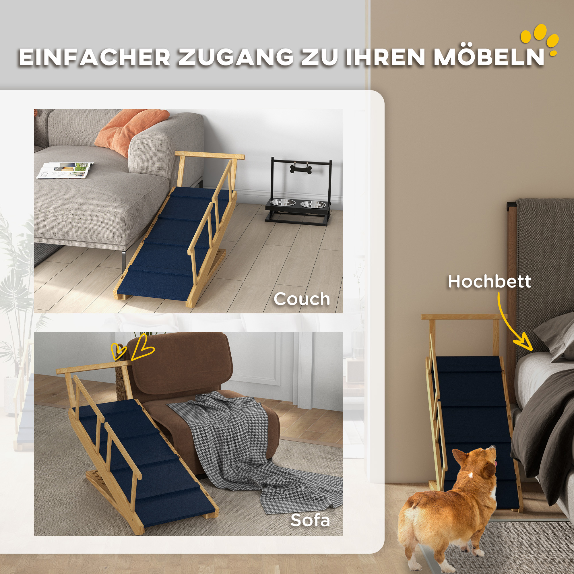 Hunderampe, höhenverstellbar, klappbar, Geländer, für Hunde bis 40kg, Holzrahmen, 85 x 40 x 61 cm, Schwarz