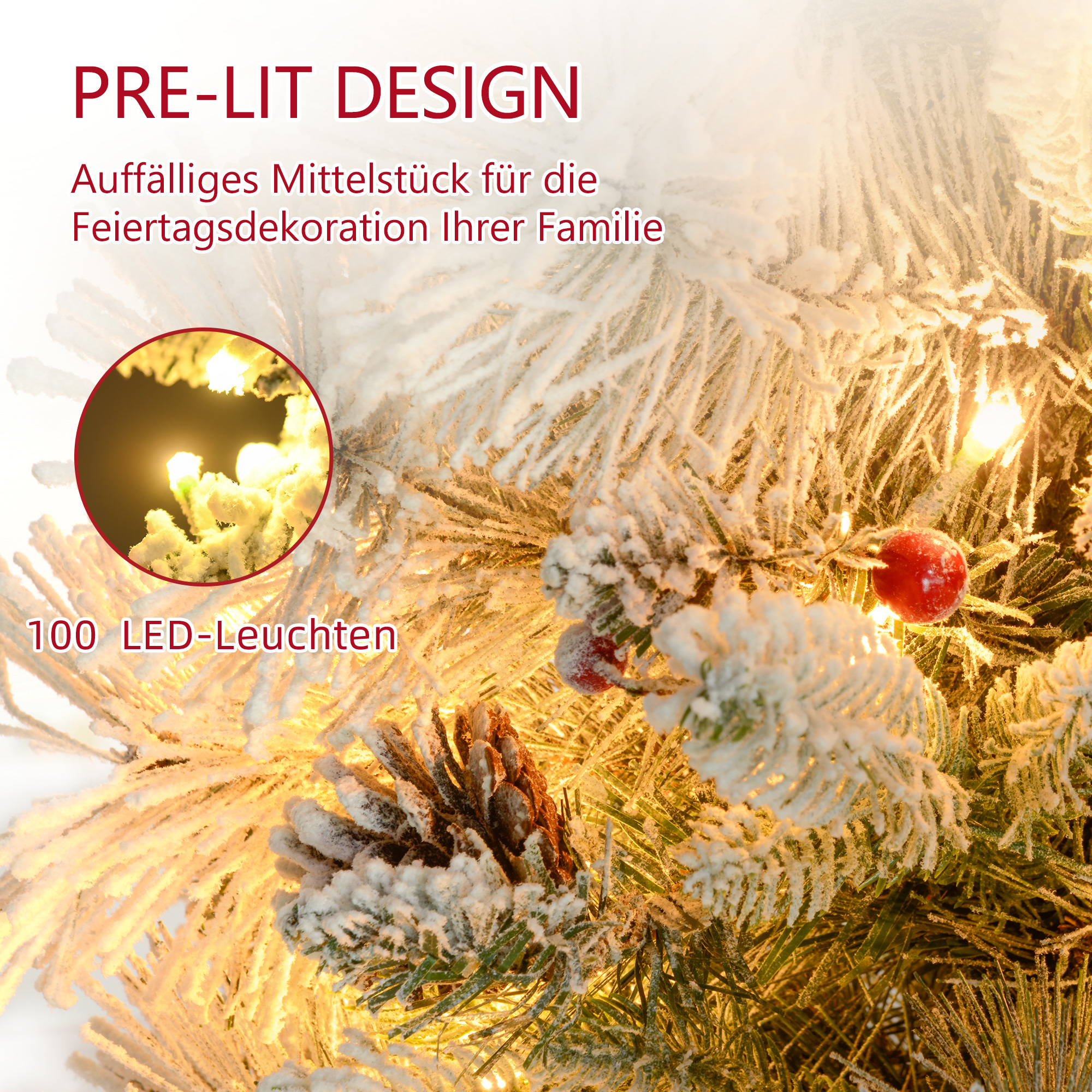 Weihnachtsbaum mit LED-Beleuchtung, 2er-Set, 107 cm, Tannenzapfen, rote Beeren, feuersicher, Grün/Weiß