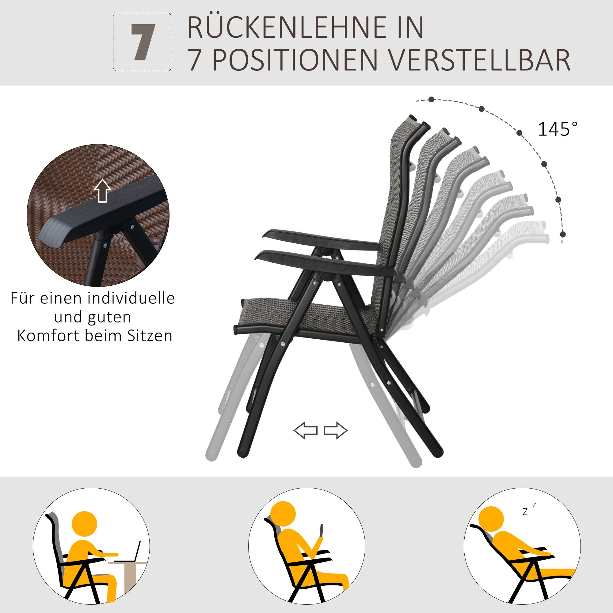 Polyrattan Gartenstuhl Klappstuhl mit 7-Fach Verstellbarer Rückenlehne wetterfester klappbar Balkonstuhl Campingstuhl 120kg Belast Gartenstühle für Garten, Balkon 58x71x111cm Braun+Schwarz