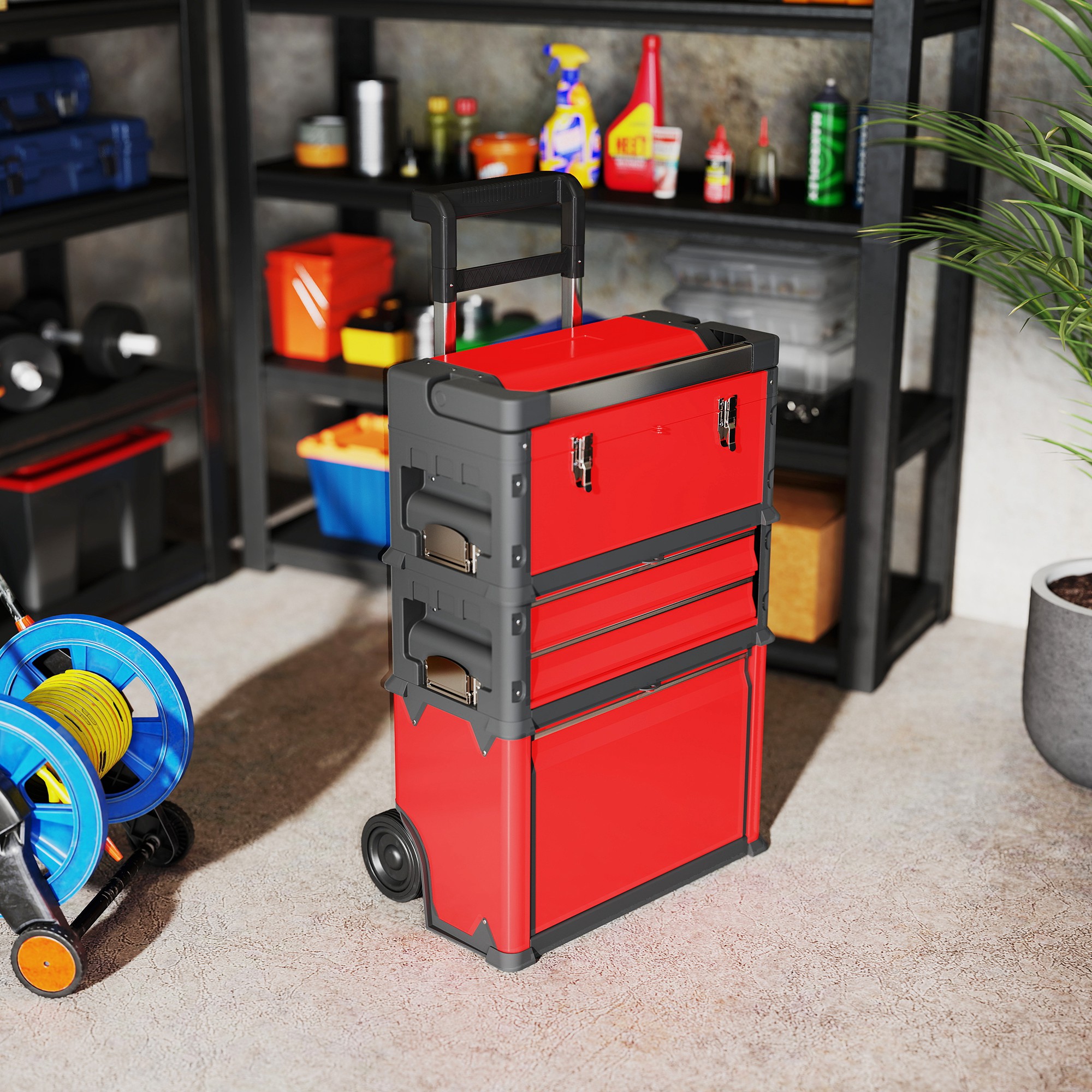 3-stufiges Werkzeugkasten-Set, mit Rädern, ineinandergreifend, Stahl, Kunststoff