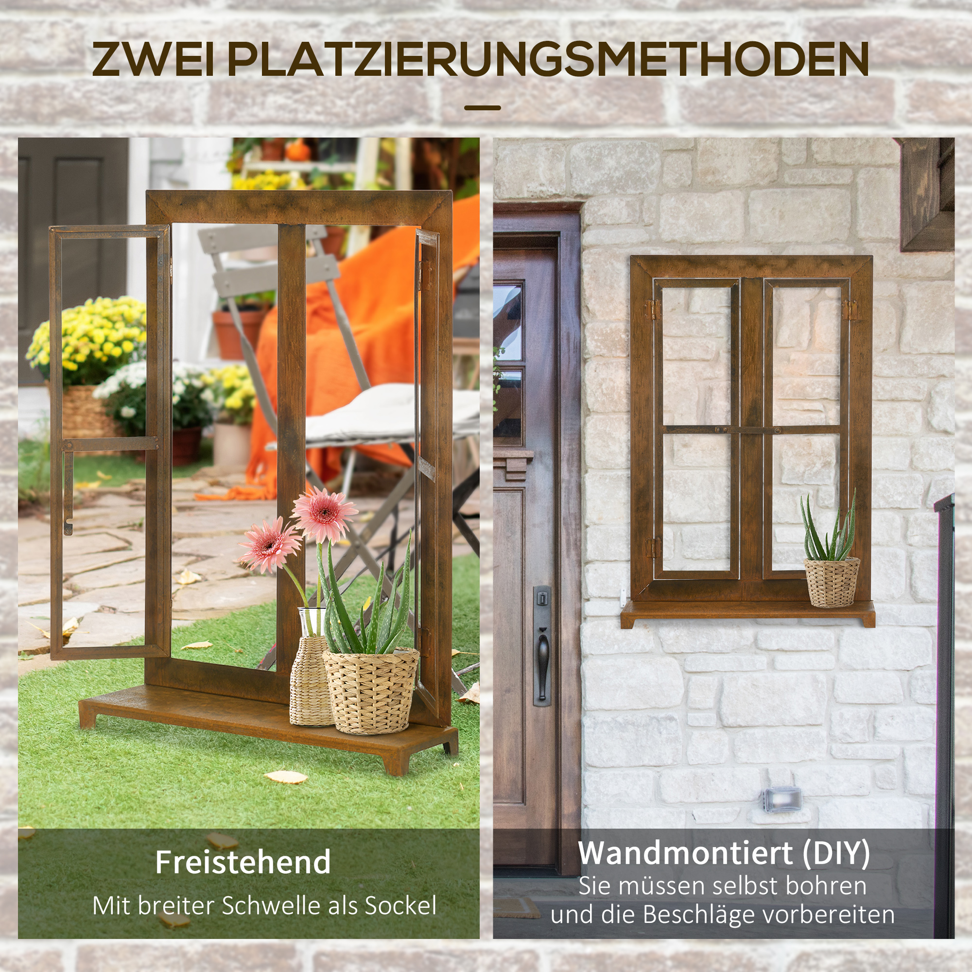 dekorativer Fensterrahmen für den Garten, Vintage-Design, 55 cm x 19 cm x 80 cm, Metall, Braun
