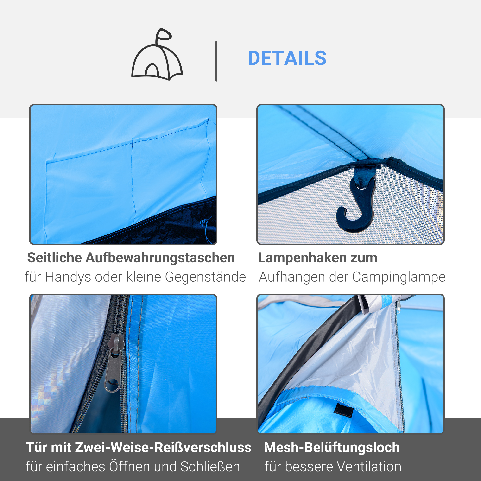 Campingzelt, Wurfzelt für 2-3 Personen, Vorraum & Schlafbereich, wasserdicht, 426 x 206 x 154 cm, Hellblau