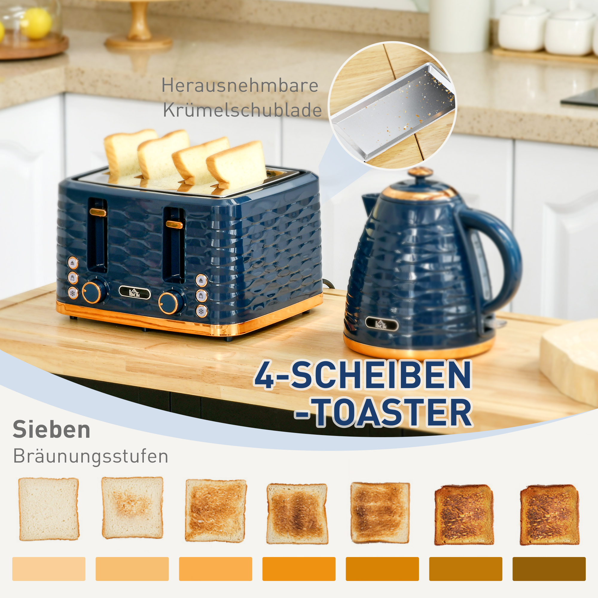 2-in-1 Toaster- und Wasserkocher-Set, 7 Bräunungsstufen, Auftau- und Aufwärmfunktion, Blau