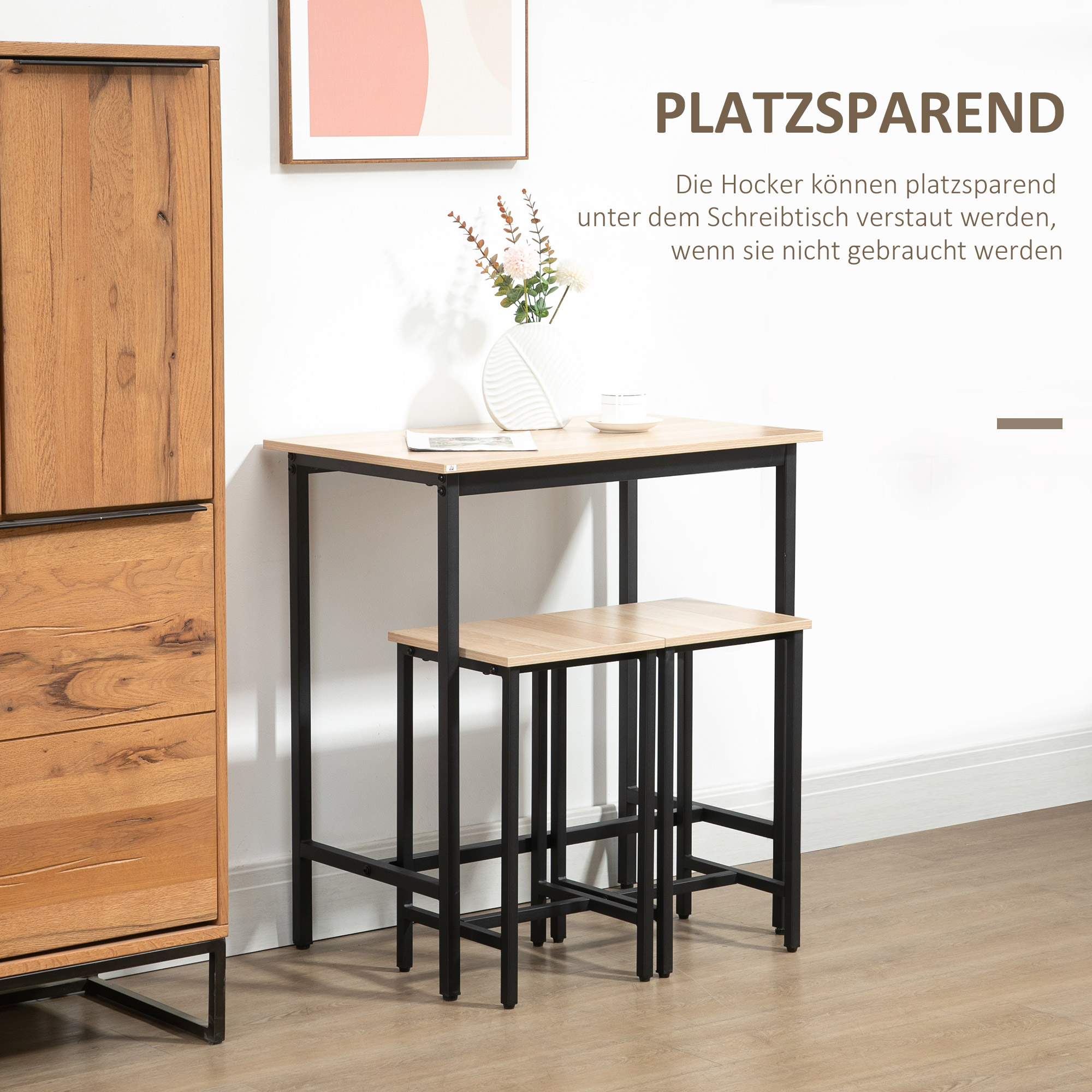 Bartisch-Set im Industrie-Design, 3-teilig, 1 Tisch, 2 Hocker, Schwarz + Natur