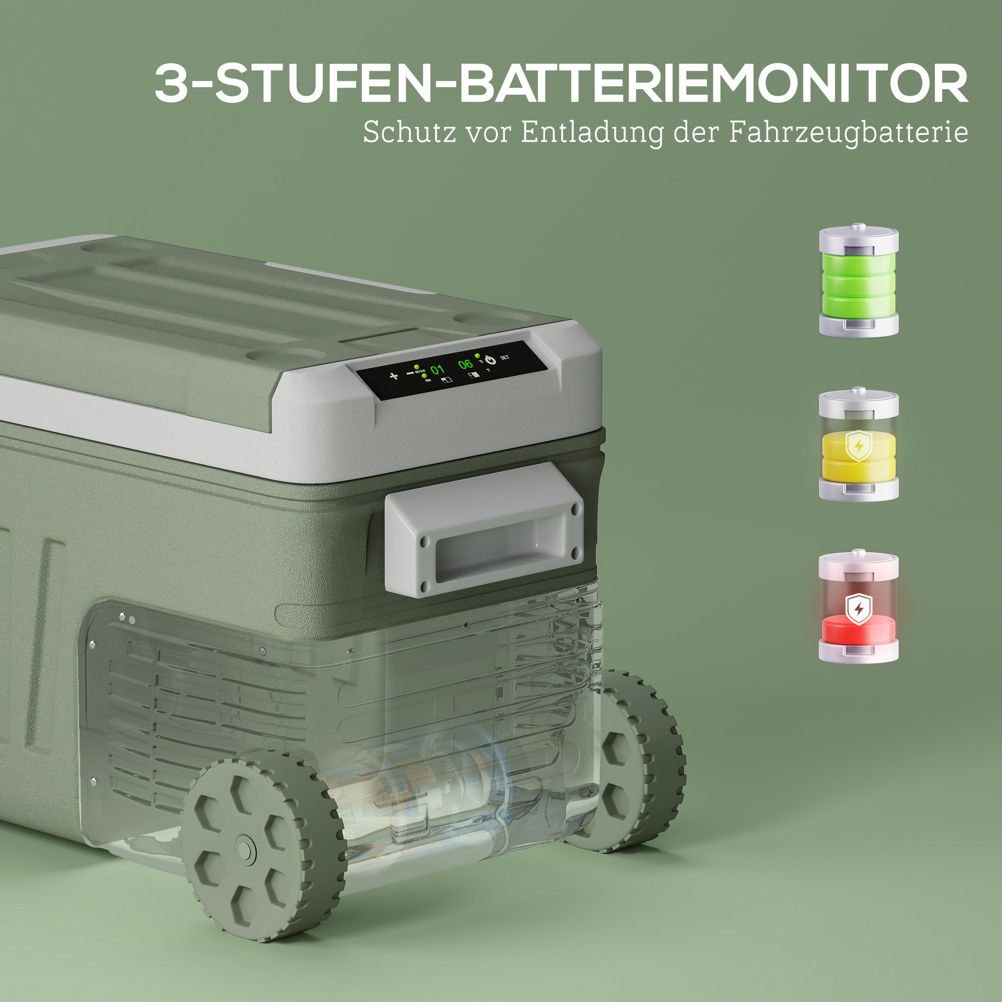 33 L Campingkühlschrank, Reisekühlbox, tragbarer Autokühlschrank mit 2 Fächern und Rädern, Kunststoff, Grün