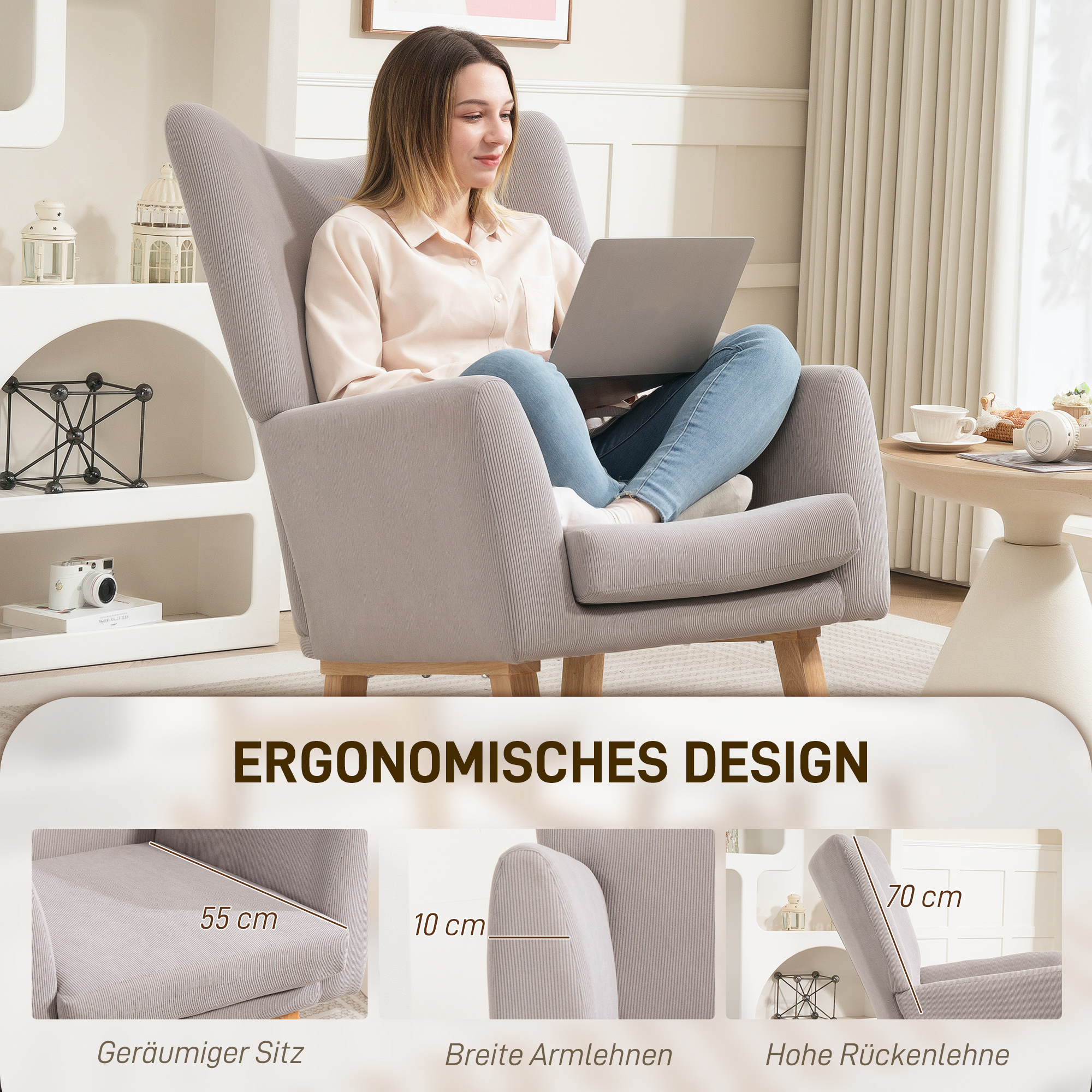 Schaukelstuhl im Retro-Design, Cordbezug, Kautschukholz, Schaumstoff-Füllung, hohe Rückenlehne, Polstersessel, Hellgrau