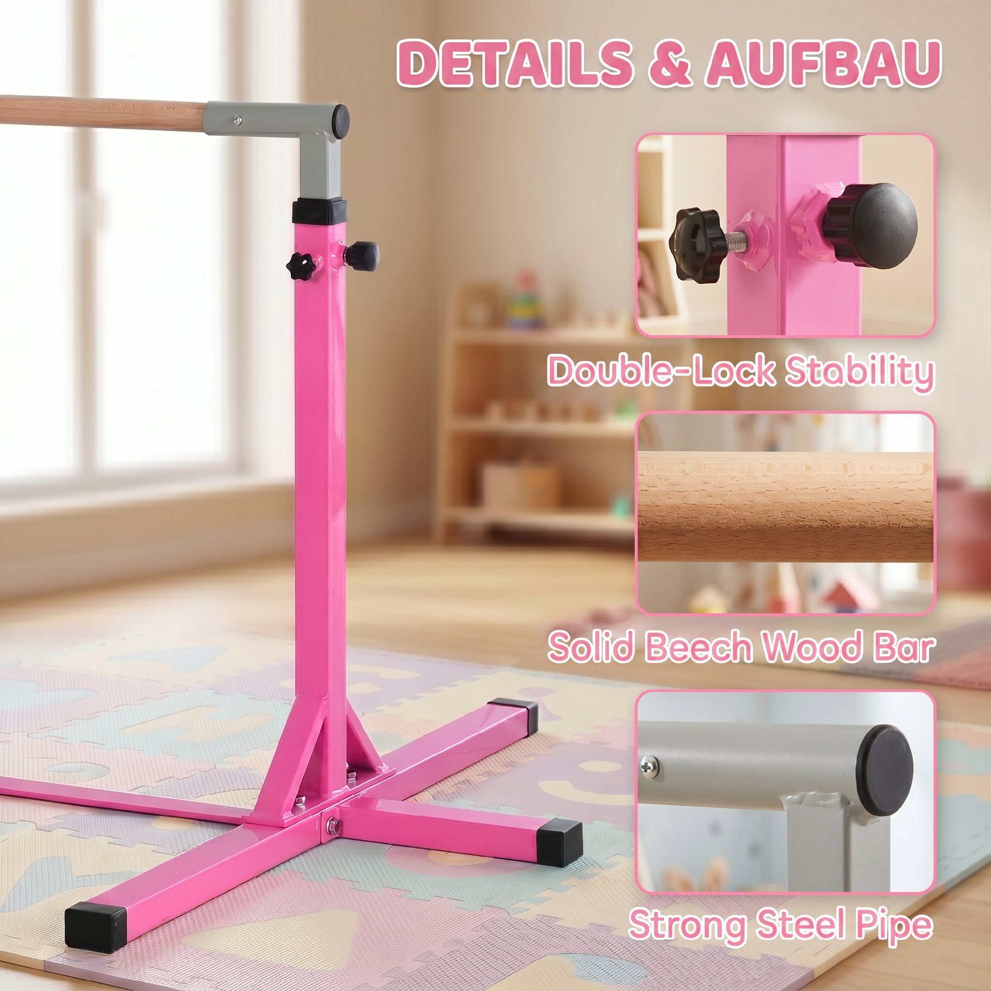 Gymnastikstange für Kinder, höhenverstellbar Turnreck Reckstange, Reck Turnstange für Indoor & Outdoor aus Holz & stabile Stahlkonstruktion bis 75 kg belastbar, für 3+ Kinder, Rosa