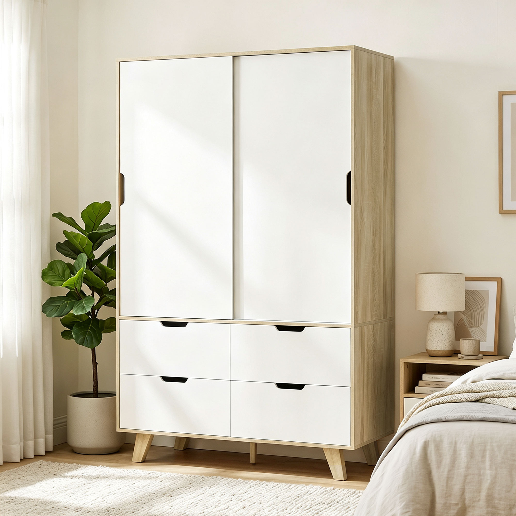 Moderner Kleiderschrank mit Schiebetüren, Kleiderstange, verstellbaren Böden und 4 Schubladen, Eiche/Weiß