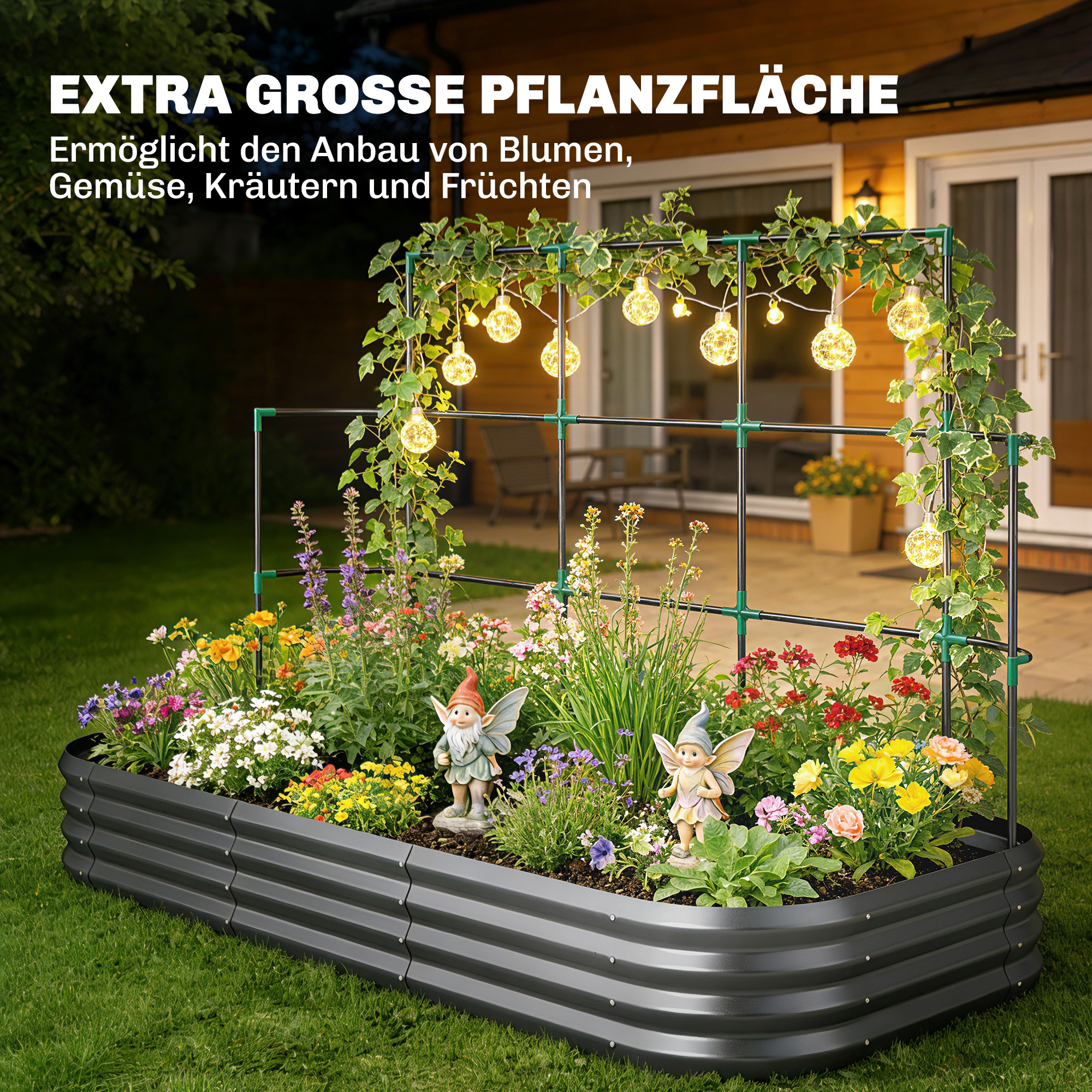 Hochbeet mit Rankgitter, Metall Pflanzkasten mit Schutzkante Handschuhe 220 x 110 x 150 cm, Dunkelgrau
