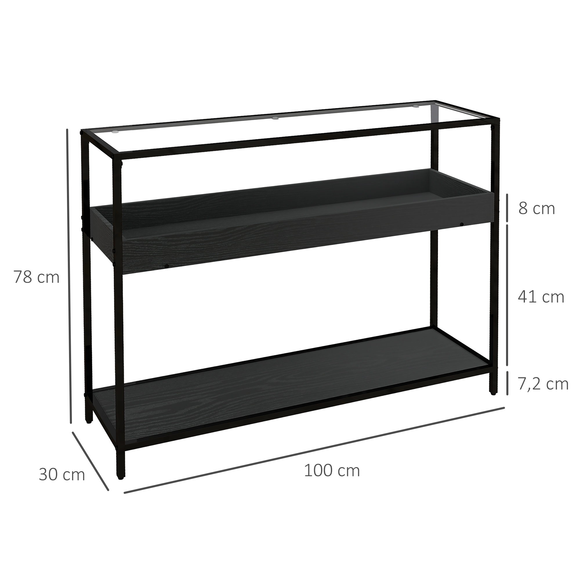 Konsolentisch mit 2 Regalen, Flurtisch, Flurkonsole, Schwarz