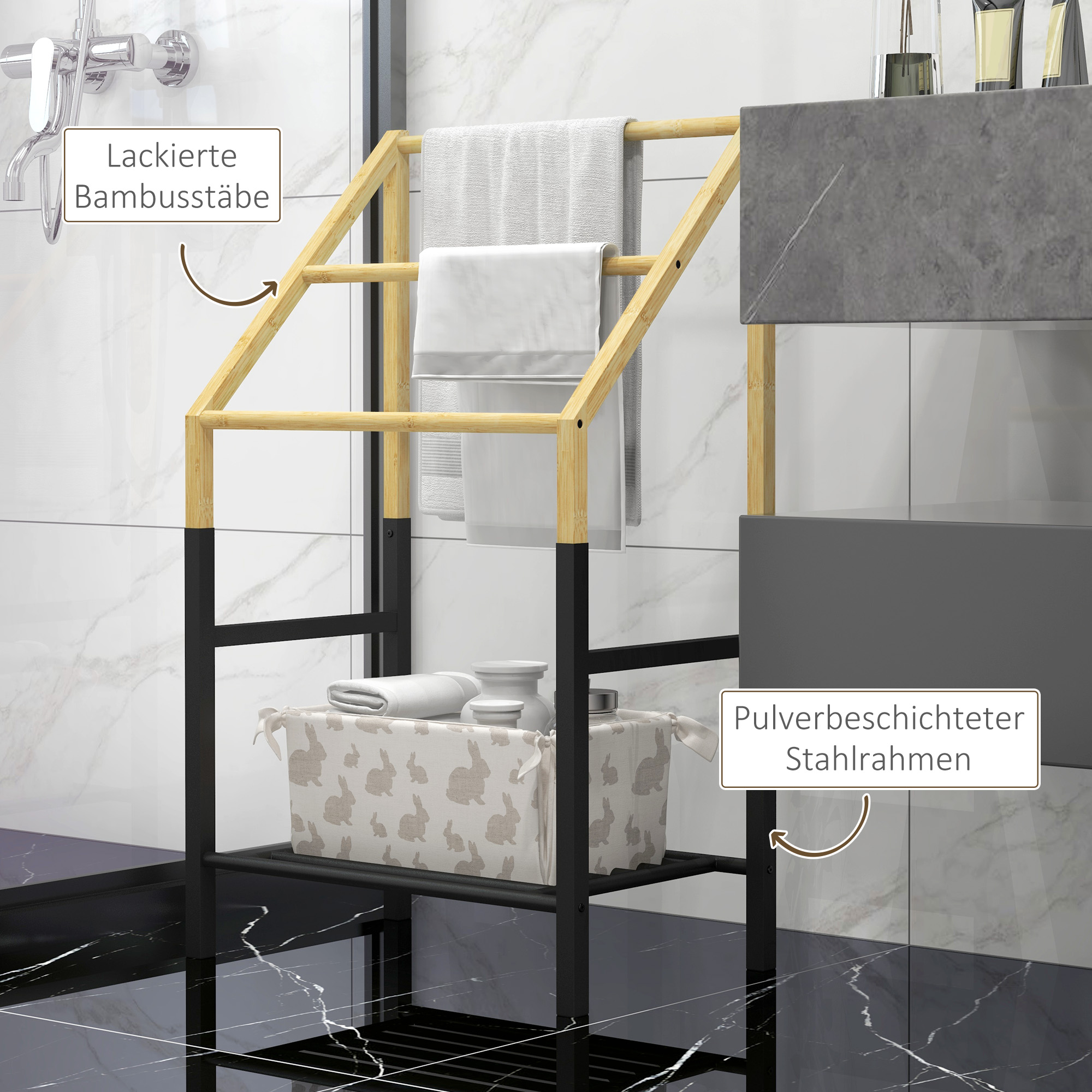 Handtuchhalter, freistehend, 3 Stangen, 51x31x85,5cm, Schwarz/Naturholz