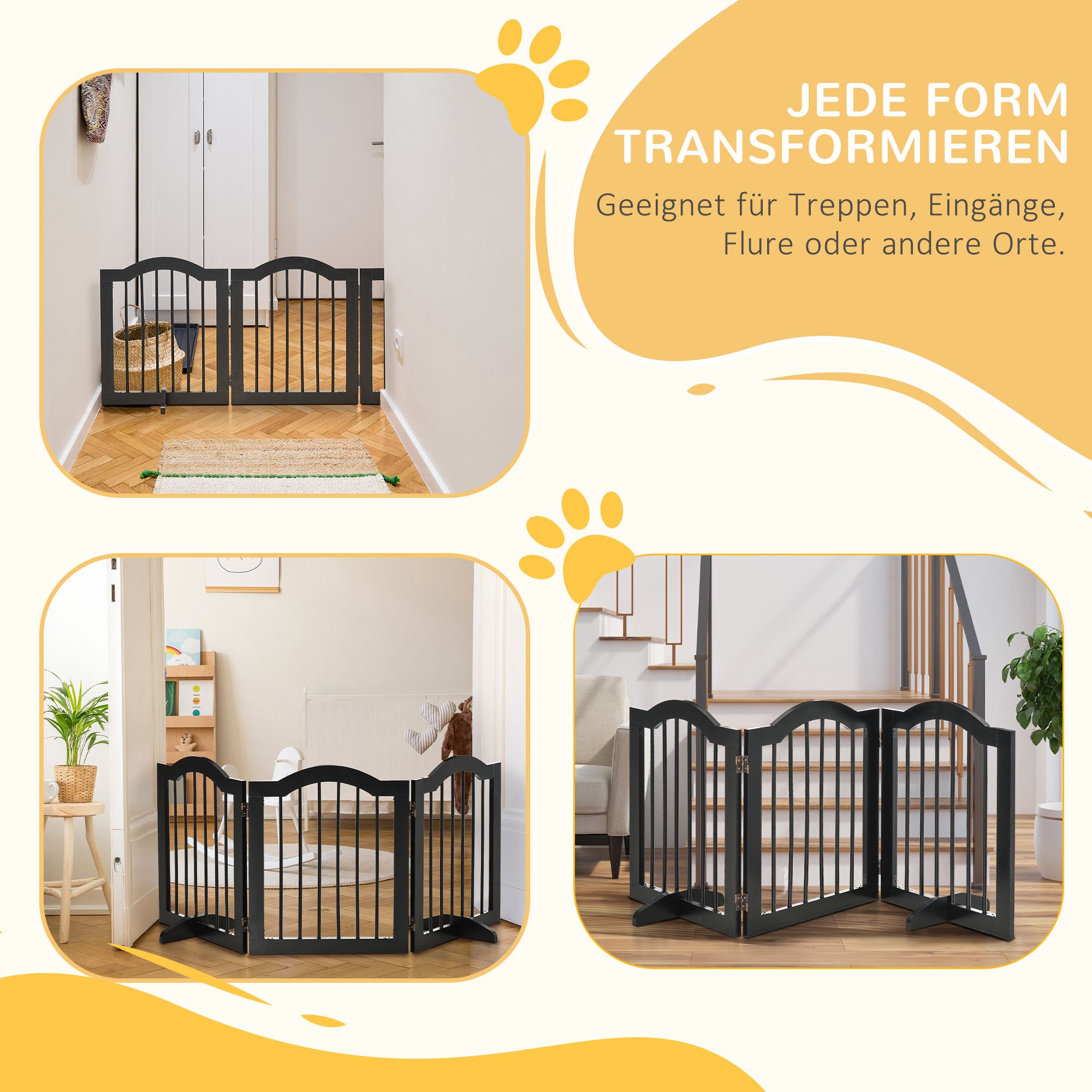 Absperrgitter Hund 3-teilig, 154,5 x 61 cm Faltbar Hundegitter mit Tür, Türschutzgitter mit 2 Stützfüßen, Freistehend Treppengitter für Küche, Flur, Schwarz