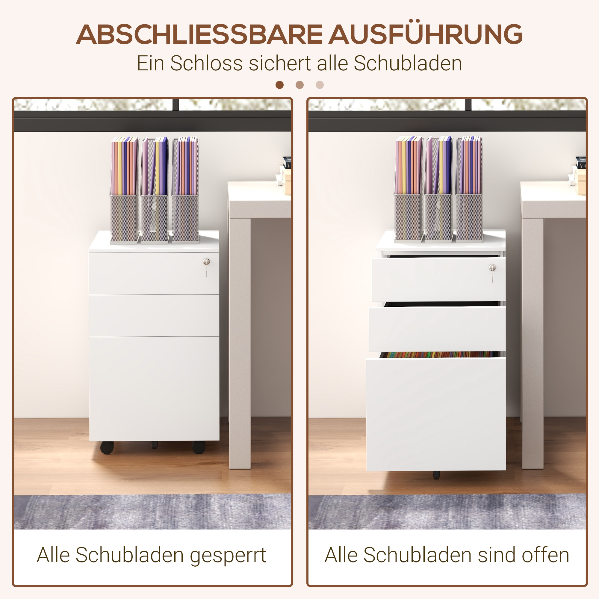 Rollcontainer Aktenschrank, 3 Schubladen, abschließbar, rollbar, 37 cm x 43,5 cm x 60 cm, Weiß