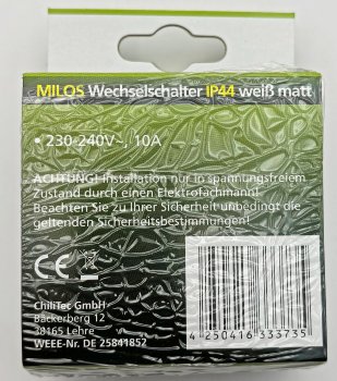 MILOS Wechsel-Schalter IP44, 250V~/ 10A, inkl. Rahmen, UP, weiß matt
