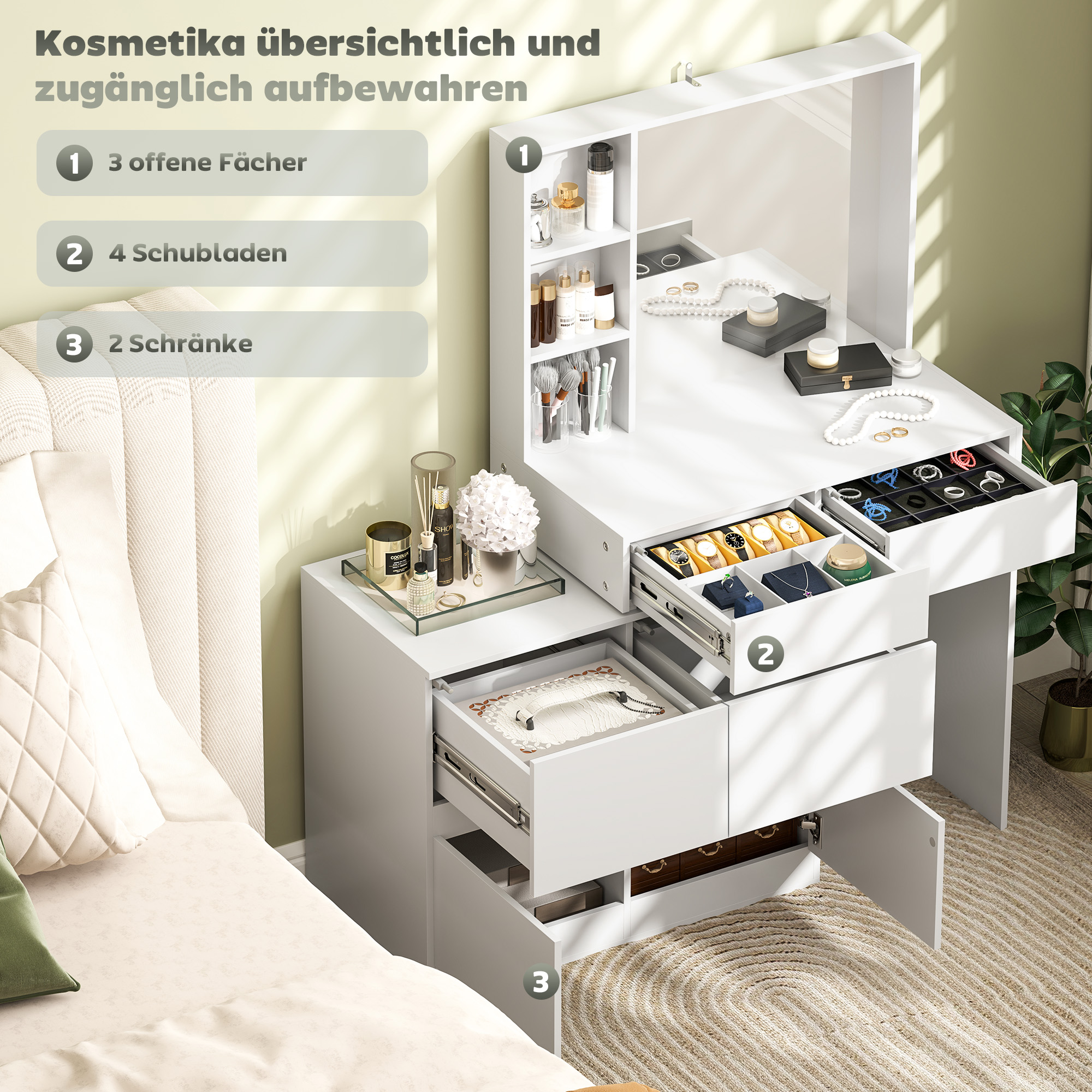 Schminktisch, Make-up-Tisch mit großem Spiegel, 4 Schubladen, 3 offene Fächer, 2 Schränke, MDF, Weiß