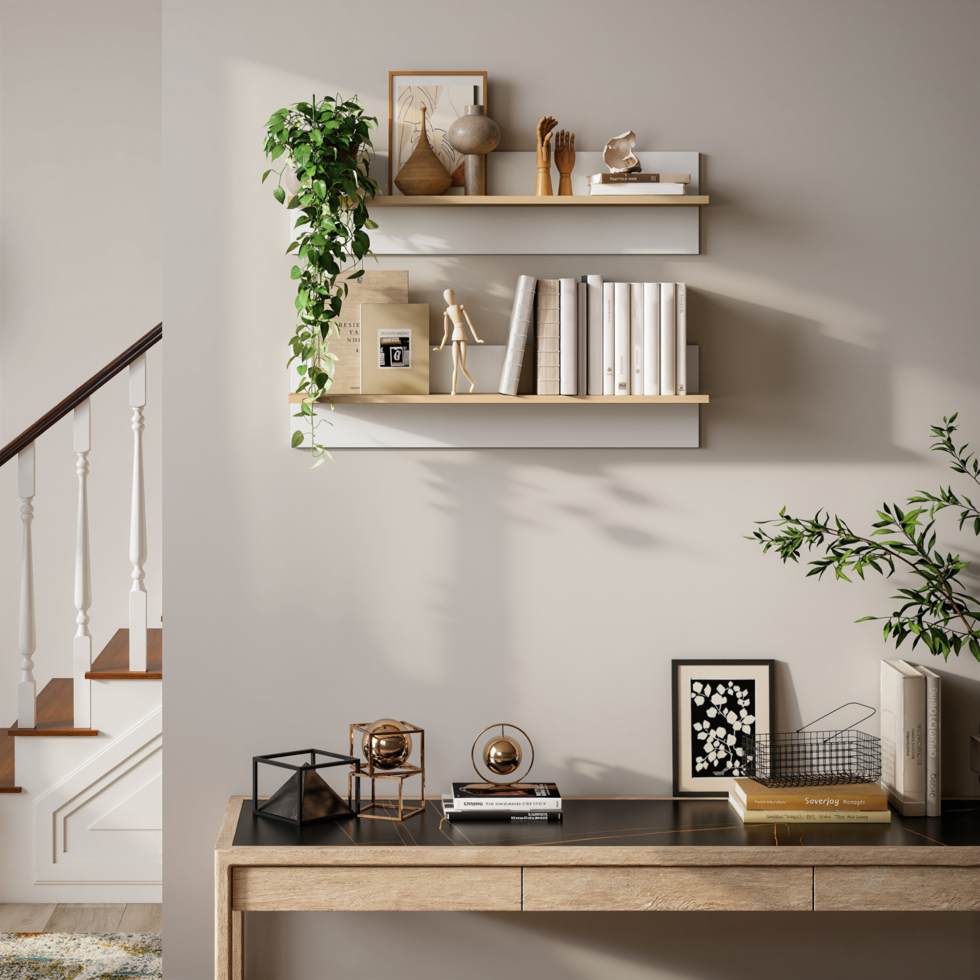 Wandregal 2er-Set Schweberegal, Wandboard, Regalbrett zur Präsentation, für Küche, Wohnzimmer, Weiß+Naturholz