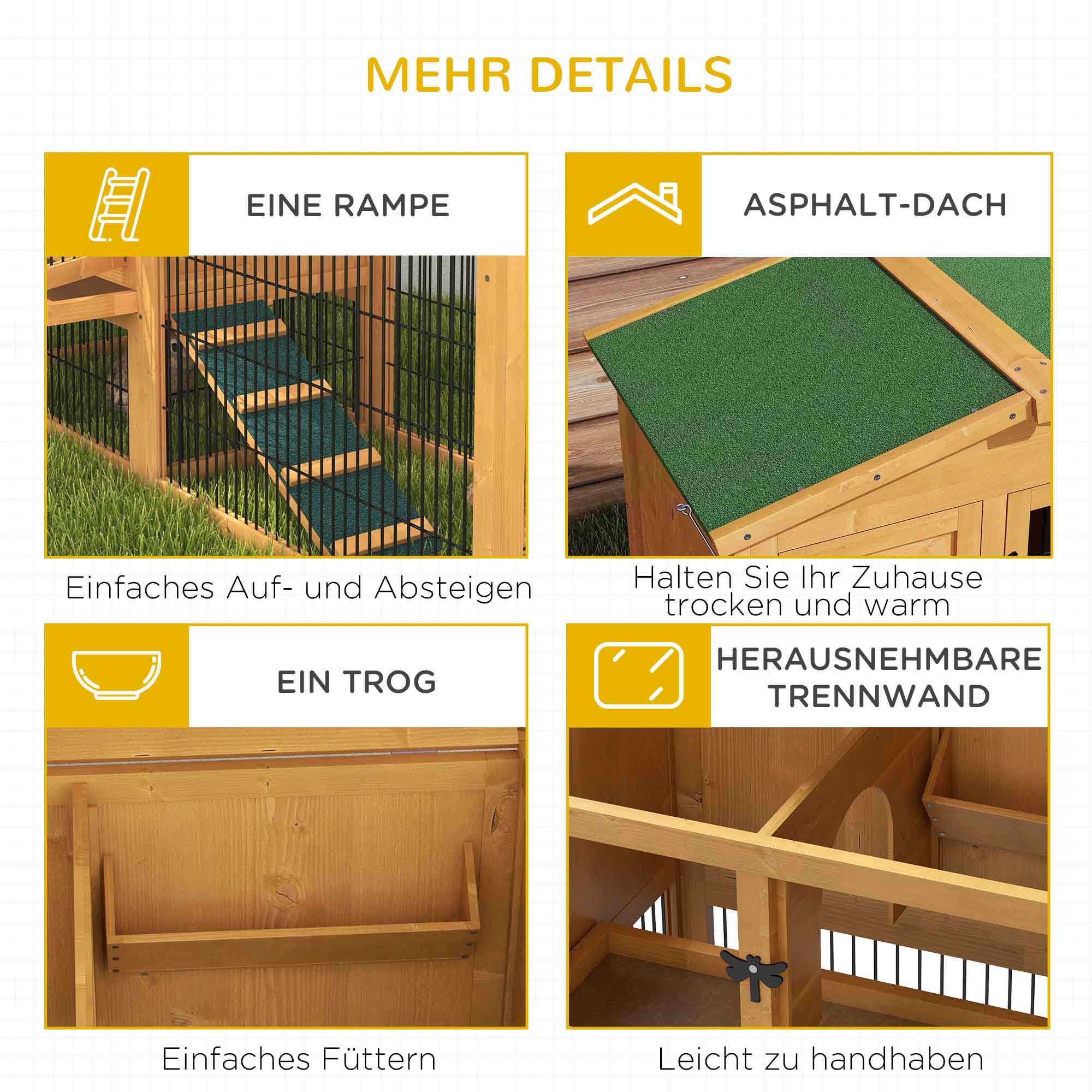 Hasenstall 2 Ebenen Kaninchenstall Tannenholz Winterfest Doppelstockhaus mit Freilaufgehege Rampe 150x52x68 cm Gelb