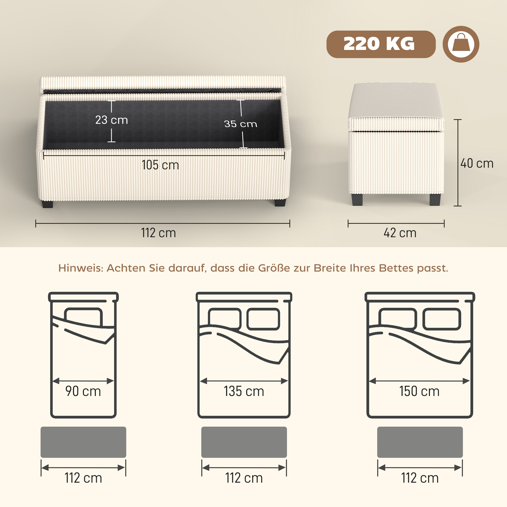Sitzbank mit Stauraum, Aufbewahrungsbank, Cord-Design, Stahlrahmen, Beige