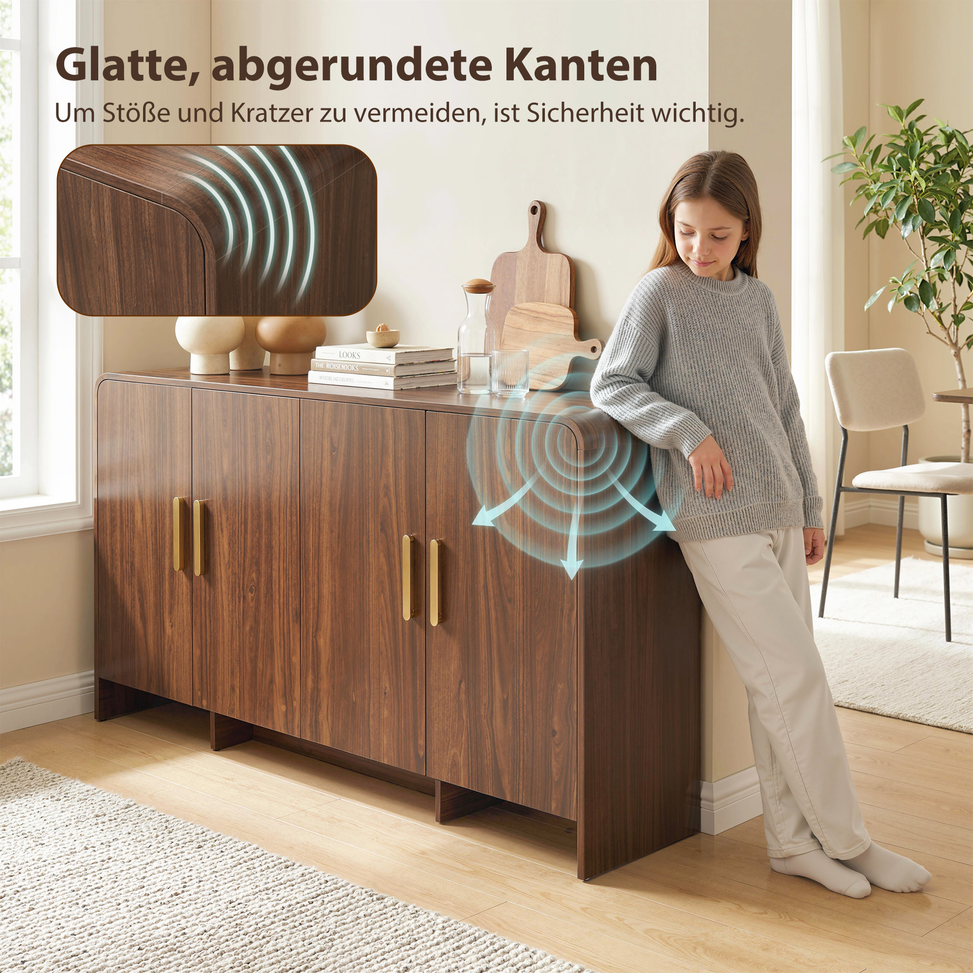 152 cm Sideboard Buffet-Schrank mit Soft-Close-Türen, TV-Schrank für Fernseher bis 72 Zoll, Walnussbraun