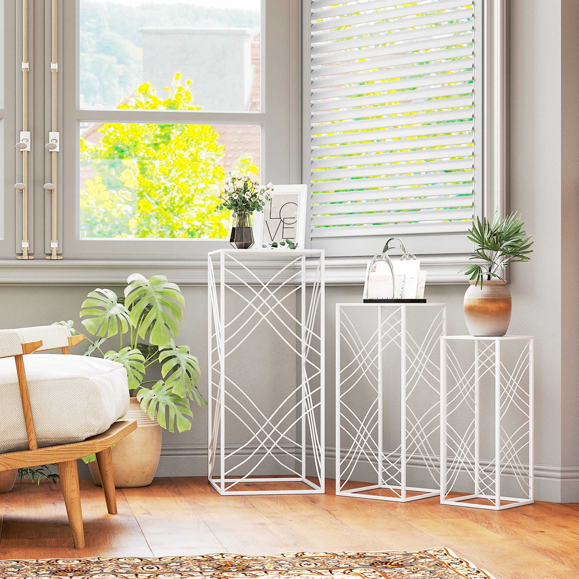 3er-Set Pflanzenständer, 50/60/70 cm hoch Blumenständer, stapelbar Pflanzenregal aus Metall Weiß