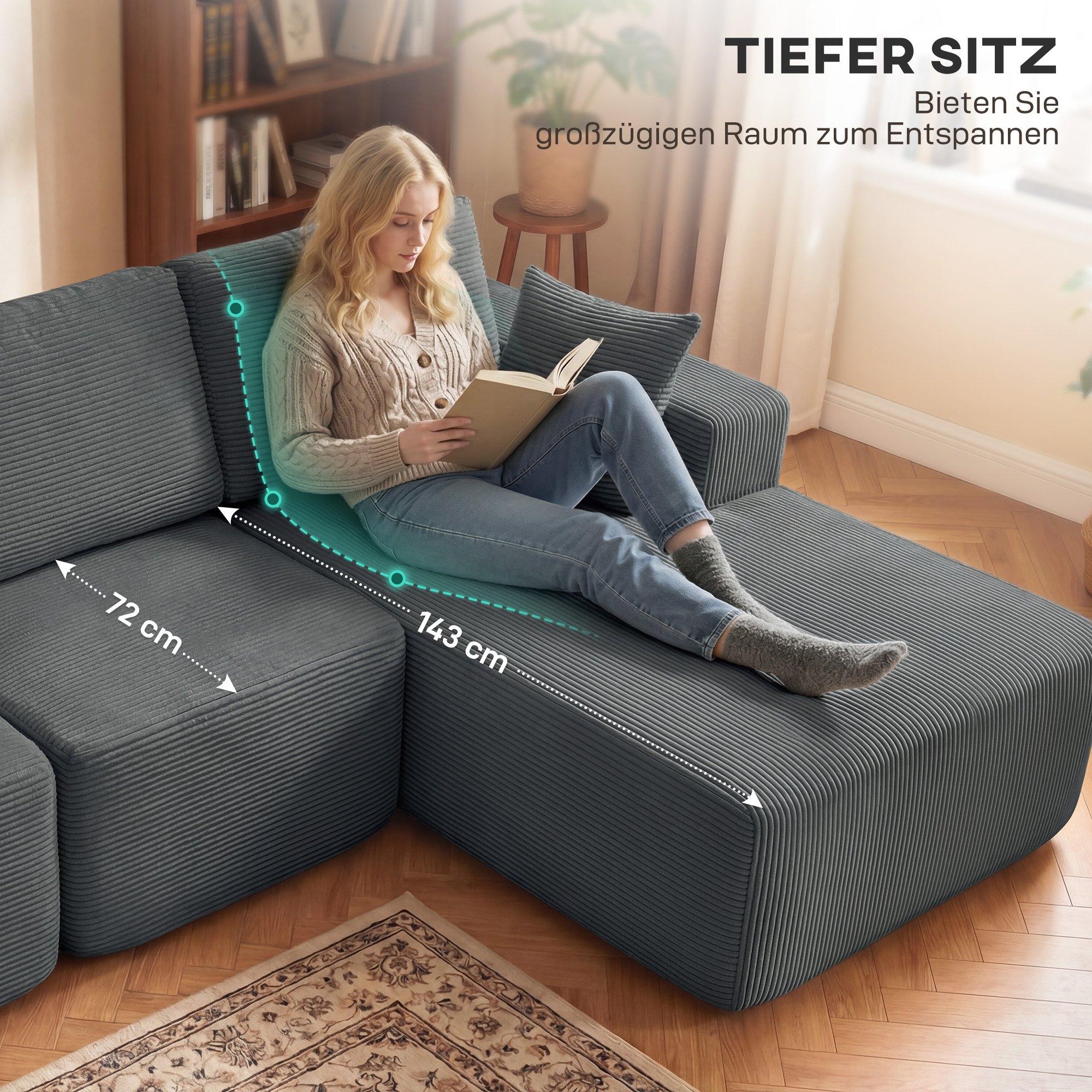 Modulares Ecksofa, L-förmiges Sofa-Bett mit tiefem Sitz, breiten Armlehnen, 2 Kissen, Dunkelgrau