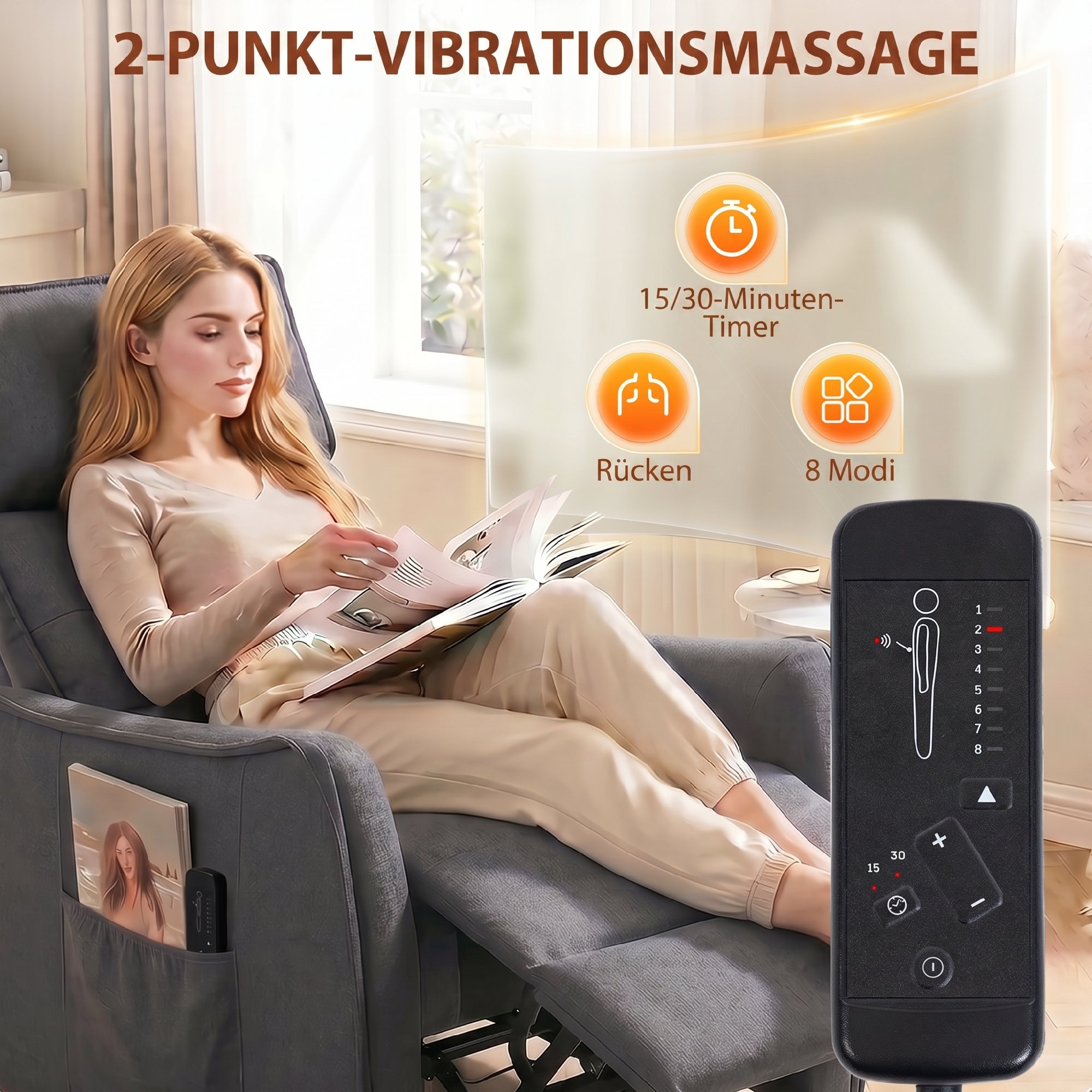 Relaxsessel mit Vibrationsmassage, Leinen-Optik, zurückklappbar mit Federpolsterung, Fußstütze, Grau