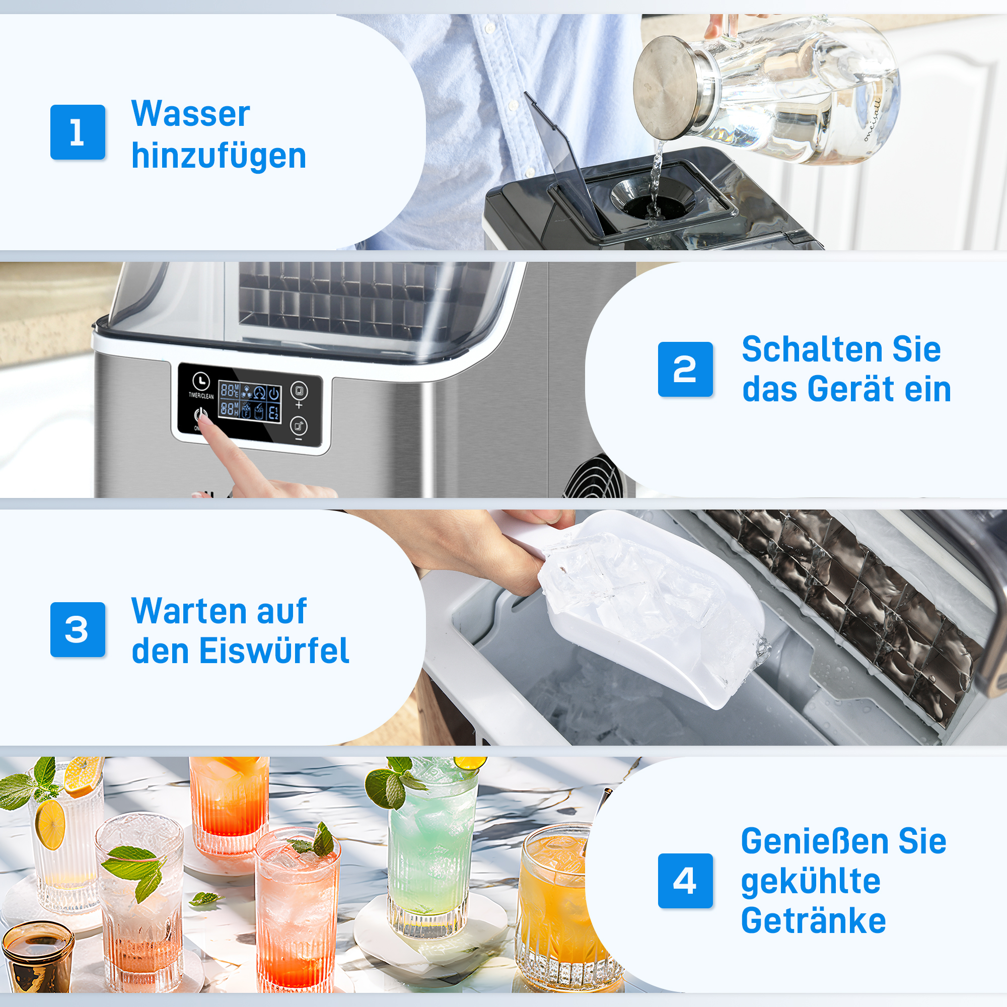 Eiswürfelmaschine Eiswürfelspender Ice-Maker 20kg/24h 2,3L Eiswürfelbereiter mit 3,2 L Wassertank, Silber