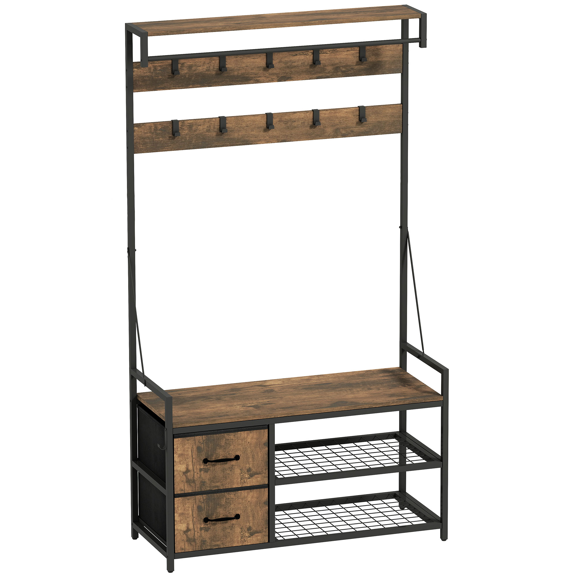 6-in-1 Garderobenständer mit Schuhregal, Industrie-Stil, 10 Haken, 2 Stoffschubladen, Metall, Braun