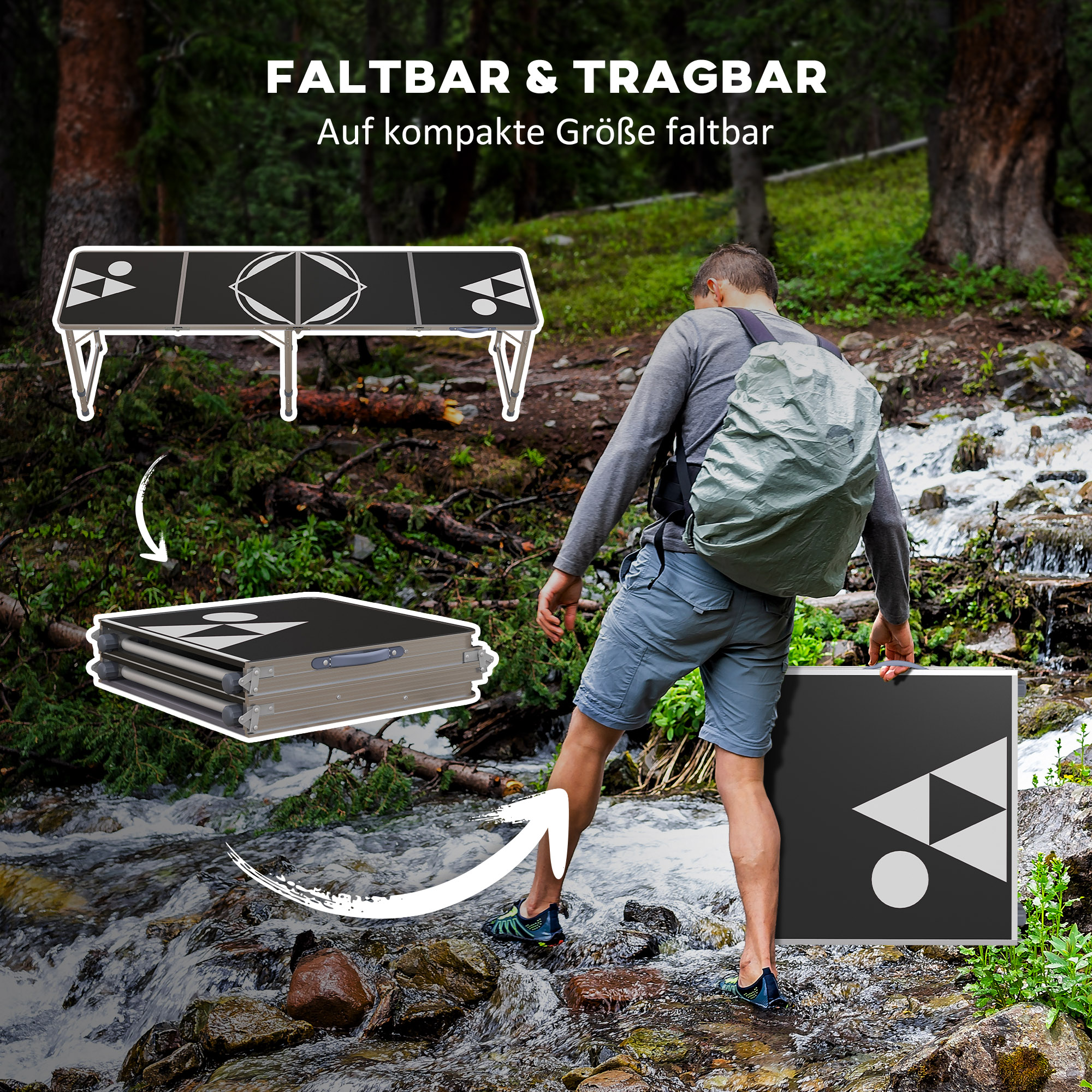 Campingtisch, klappbar, leicht, höhenverstellbar, Aluminiumrahmen, 240 x 60 x 54/62/70 cm, Schwarz