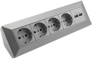 4-fach Steckdosenblock + 2x USB, silber, 250V~/ 16A, Aufbaumontage, USB 3,1A