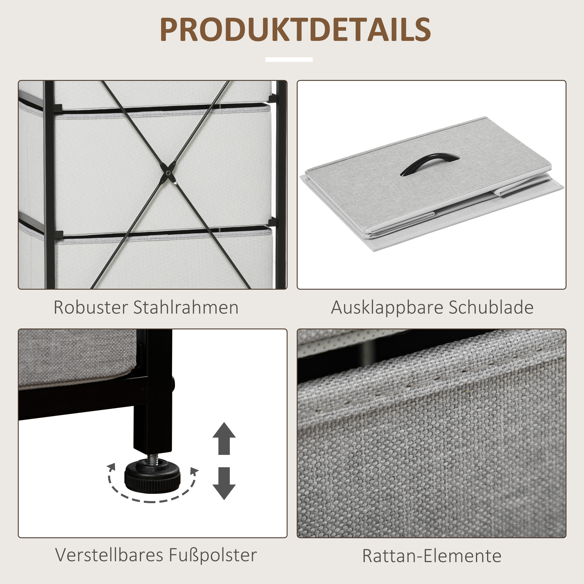 Kommode mit 5 Schubladen aus Stoff Aufbewahrungsschrank mit Griffen 45 x 30 x 116 cm Grau