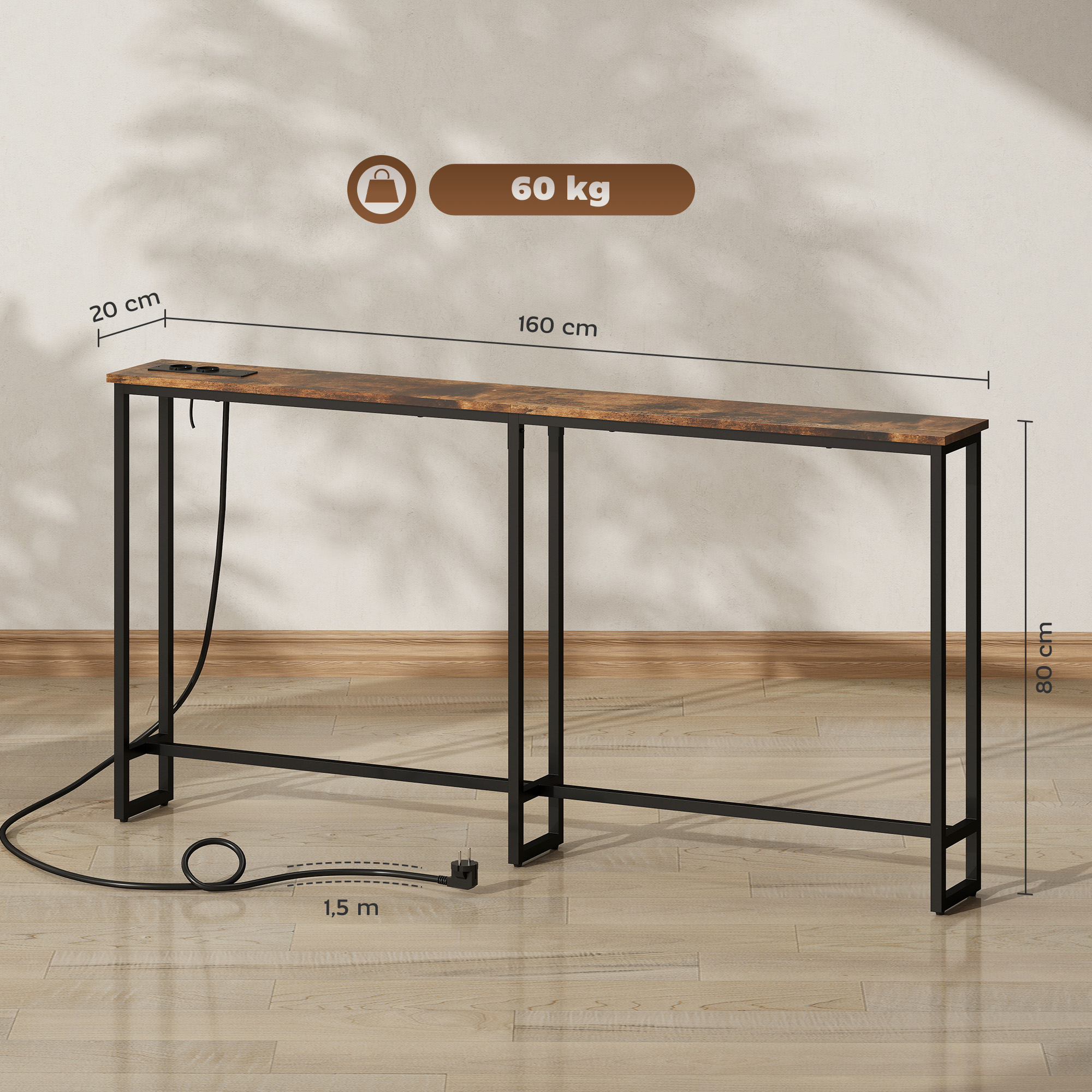 Schlanker Konsolentisch mit Ladestation, Industriestil, Stahlrahmen, Braun