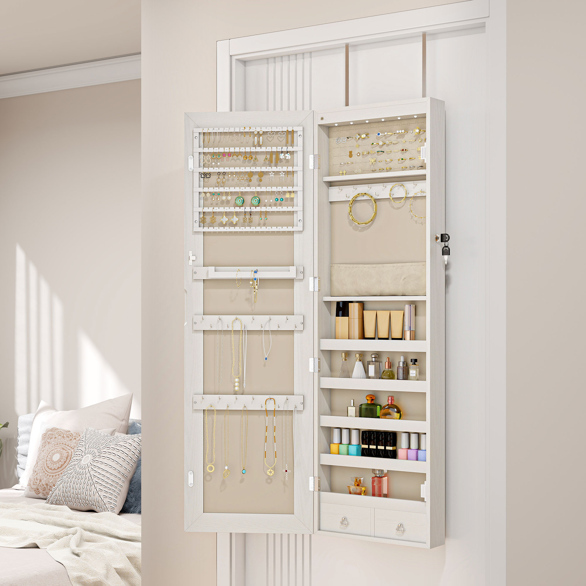 Schmuckschrank mit LED Spiegelschrank Wandschrank Wand-/Türmontage MDF