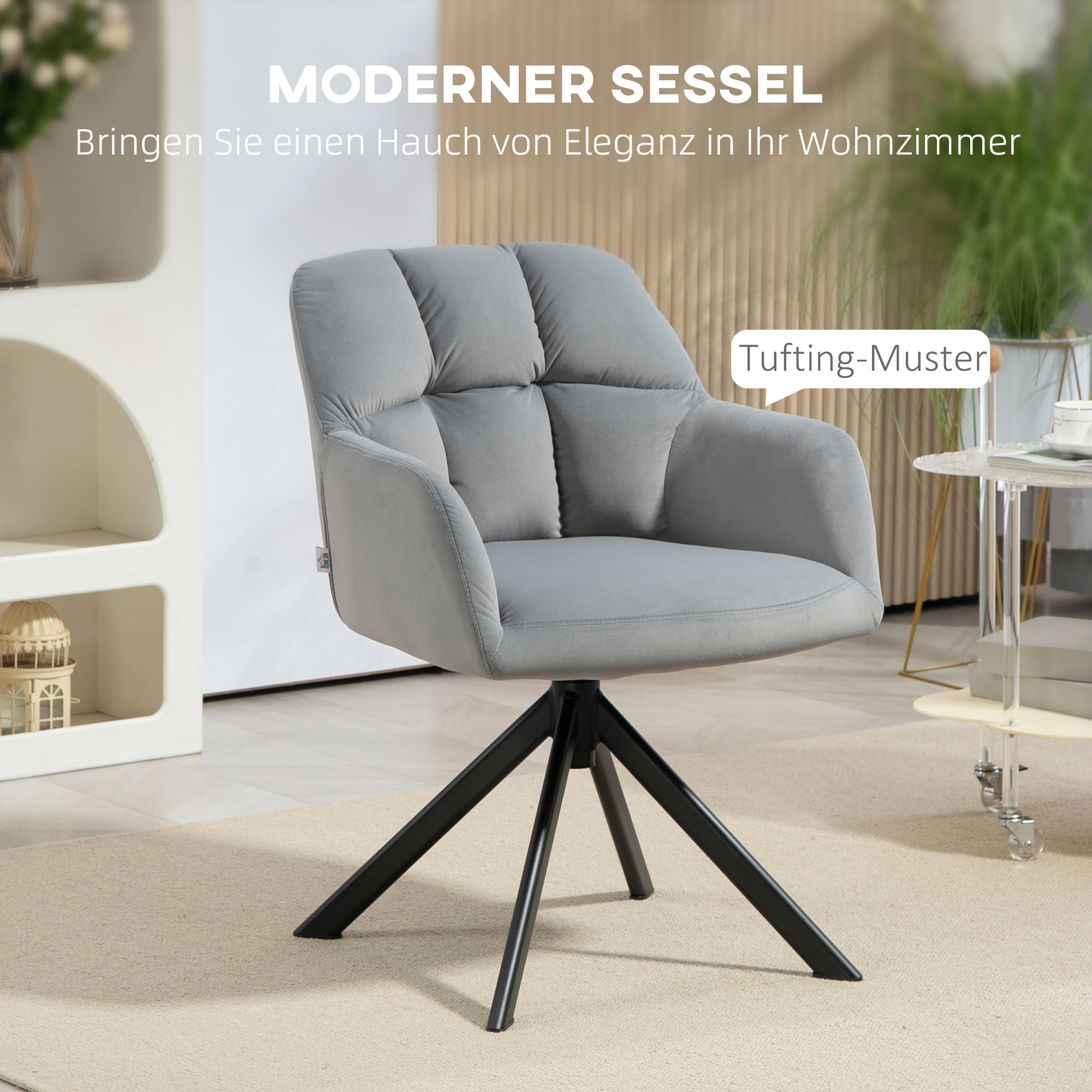 Drehbarer Armstuhl, Moderner Akzentsessel mit Metallbeinen für Wohnzimmer, Schlafzimmer, Büro, Grau