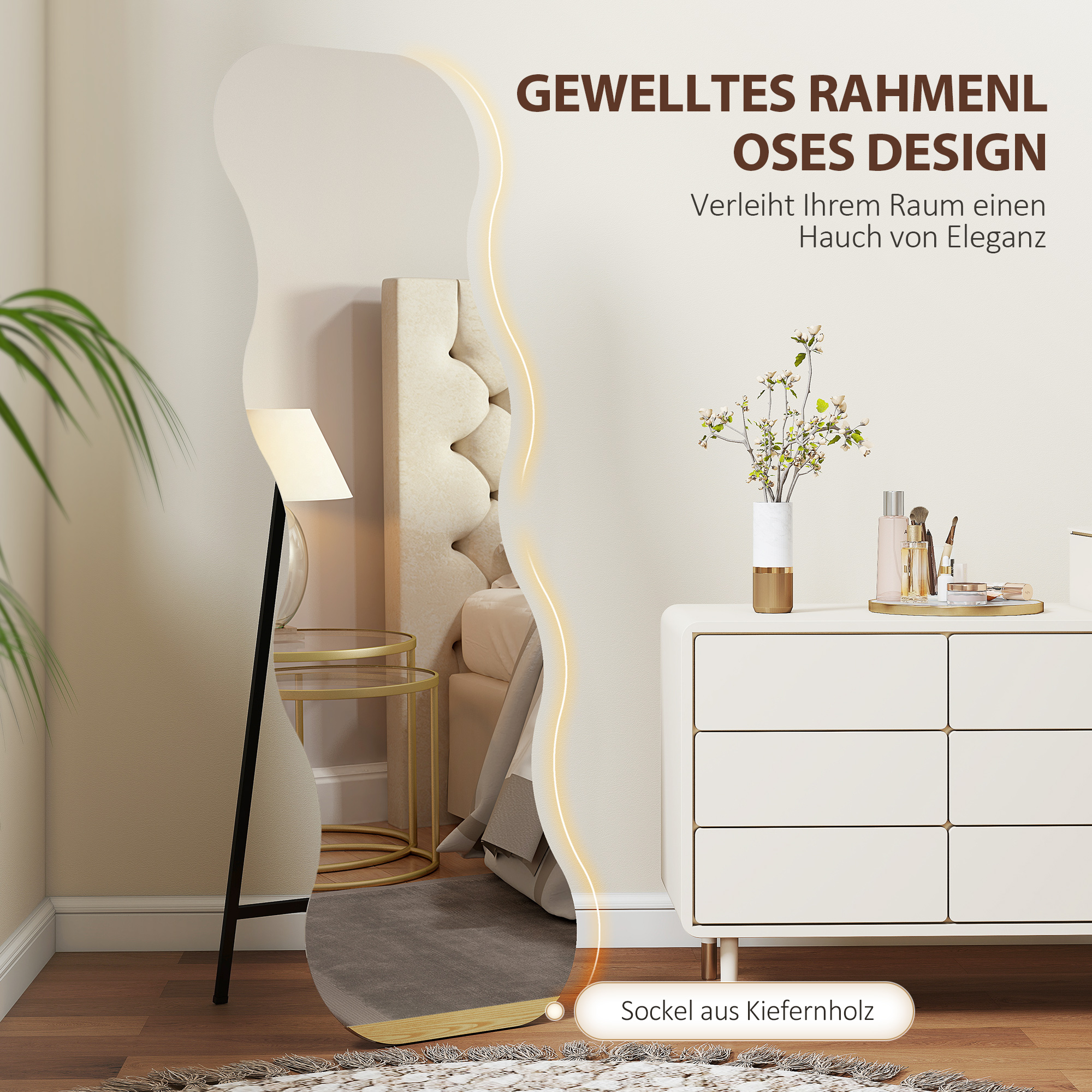 Ganzkörperspiegel ohne Rahmen, Holzbasis, flexibel platzierbar, Wellenform, Schwarz
