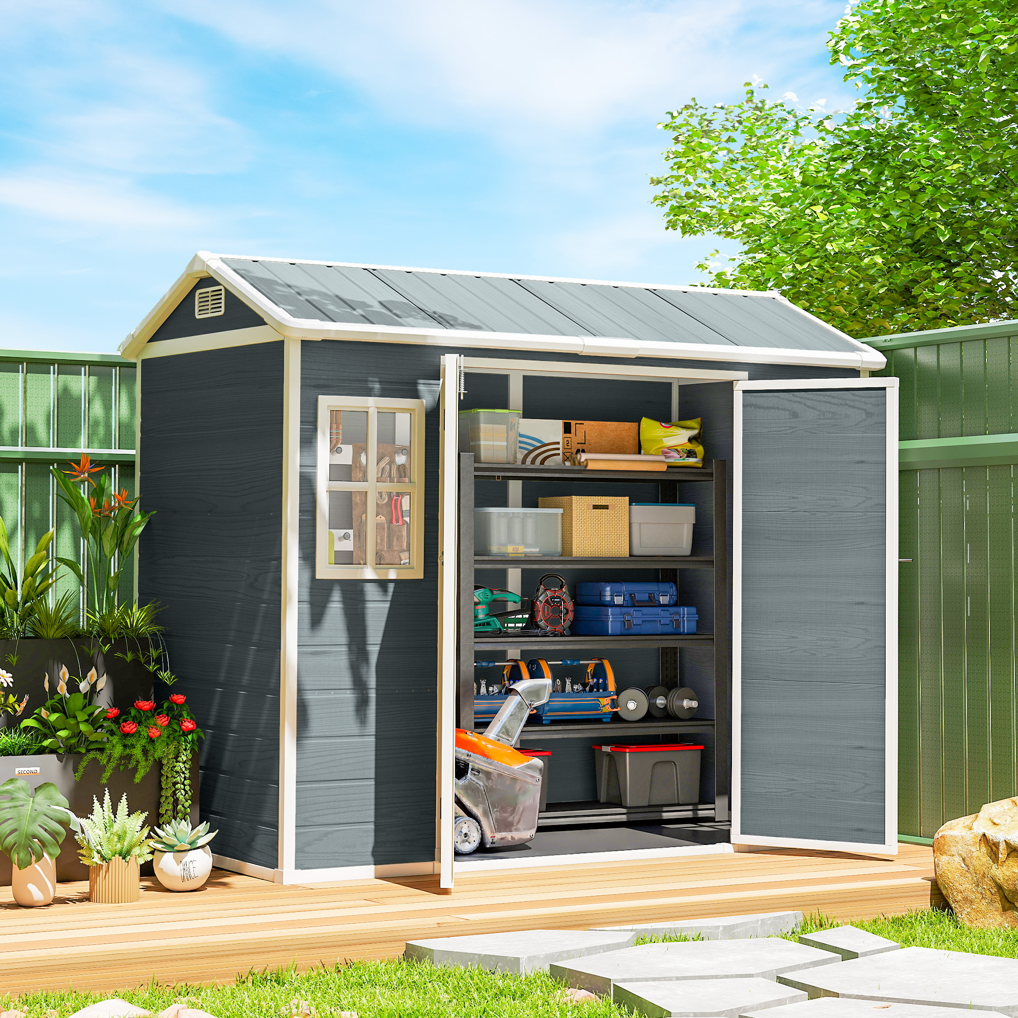 Gerätehaus 2,77 m², Geräteschuppen mit Holzoptik 2 Fenster Doppeltür Belüftung Boden Schloss Handschuhe